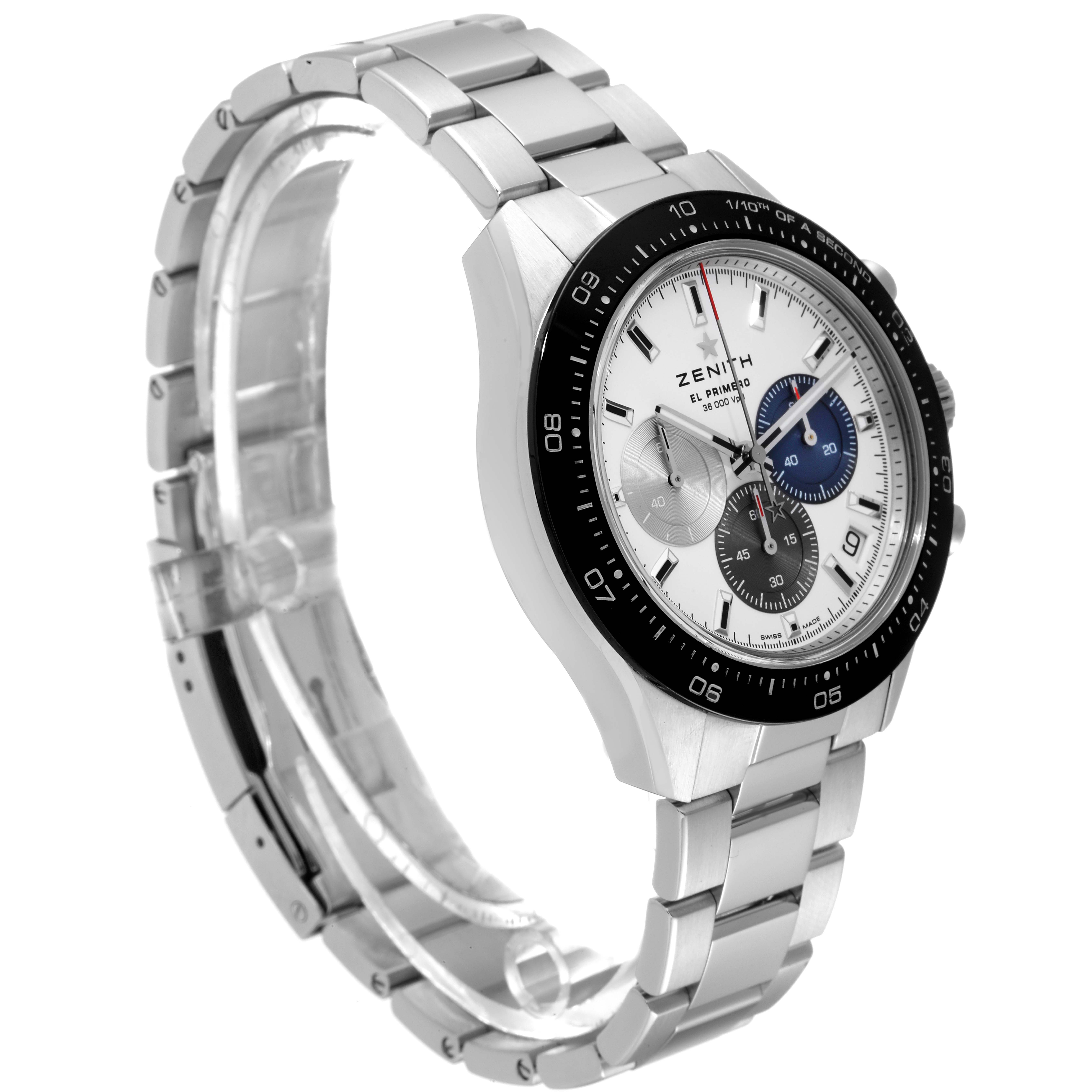 The Zenith Chronomaster 03.3100.3600 Men's Stainless Steel White Dial 03.3100.3600 Men's Stainless Steel White Dial watch is shown at a three-quarter angle, highlighting the dial, bezel, and bracelet.