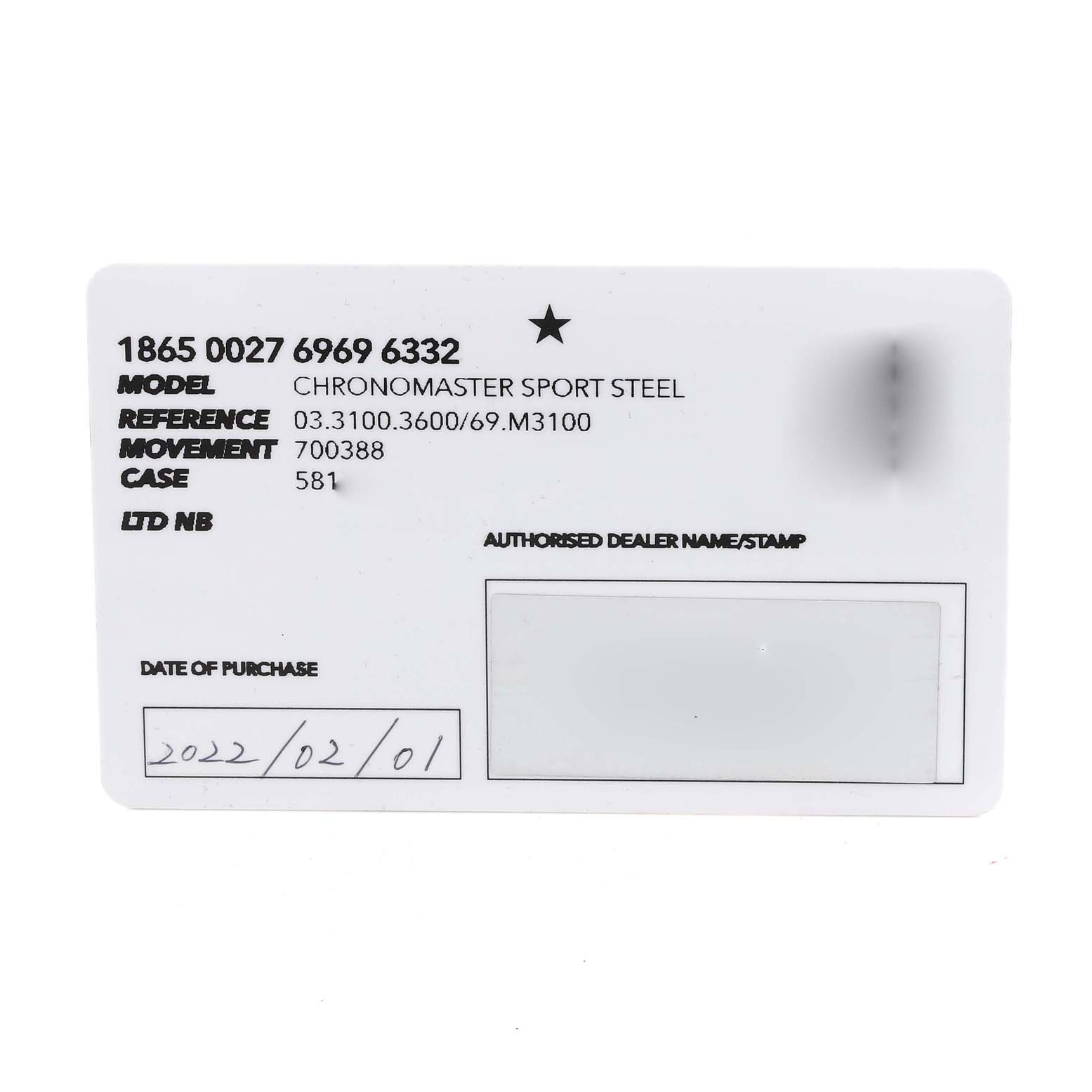 This image shows the warranty card for the Zenith Chronomaster 03.3100.3600 Men's Stainless Steel White Dial 03.3100.3600 Men's Stainless Steel White Dial Sport Steel model, displaying its reference, movement, and case information.