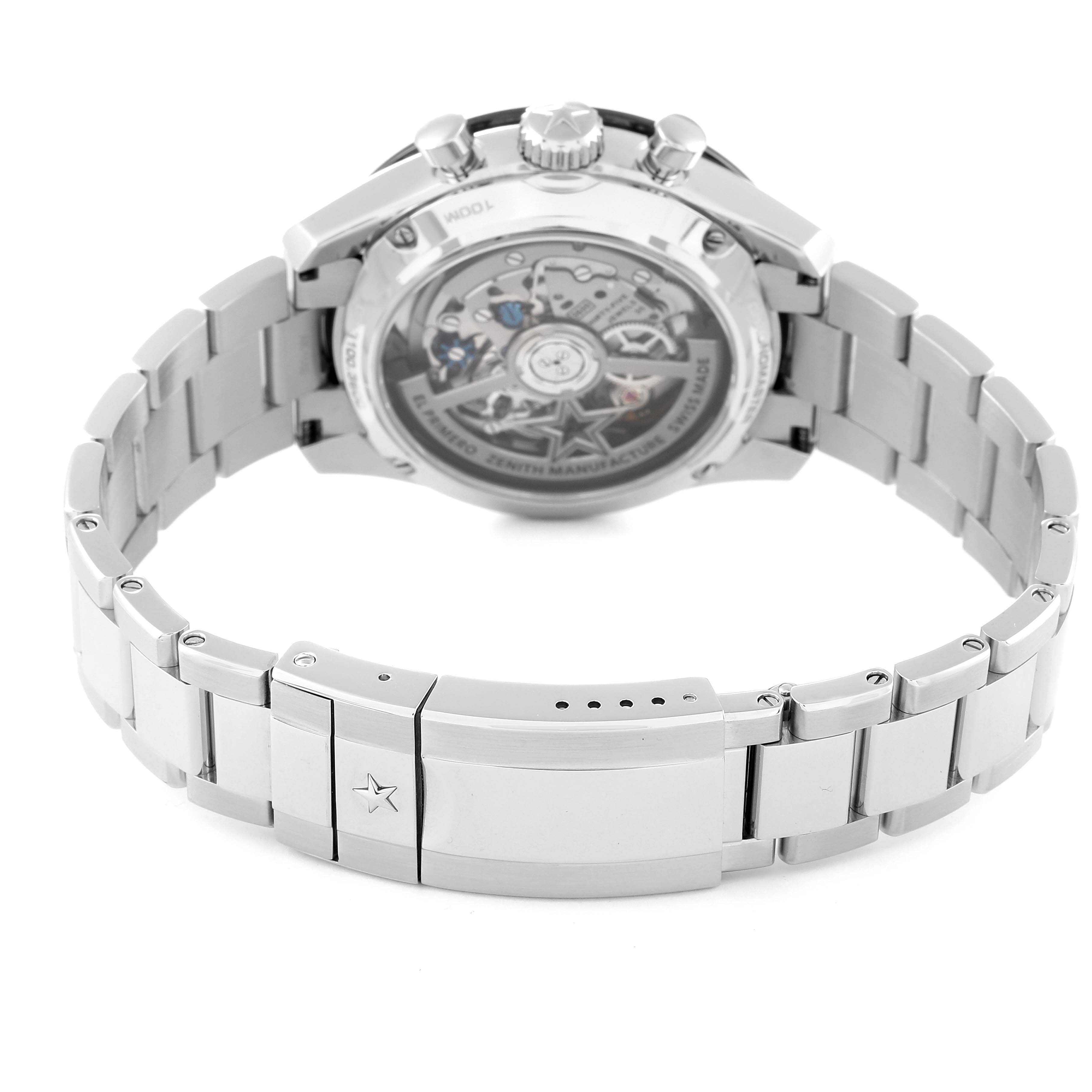 The image shows the back view of the Zenith Chronomaster 03.3100.3600 Men's Stainless Steel White Dial 03.3100.3600 Men's Stainless Steel White Dial watch, displaying the case back, bracelet, and deployment clasp.