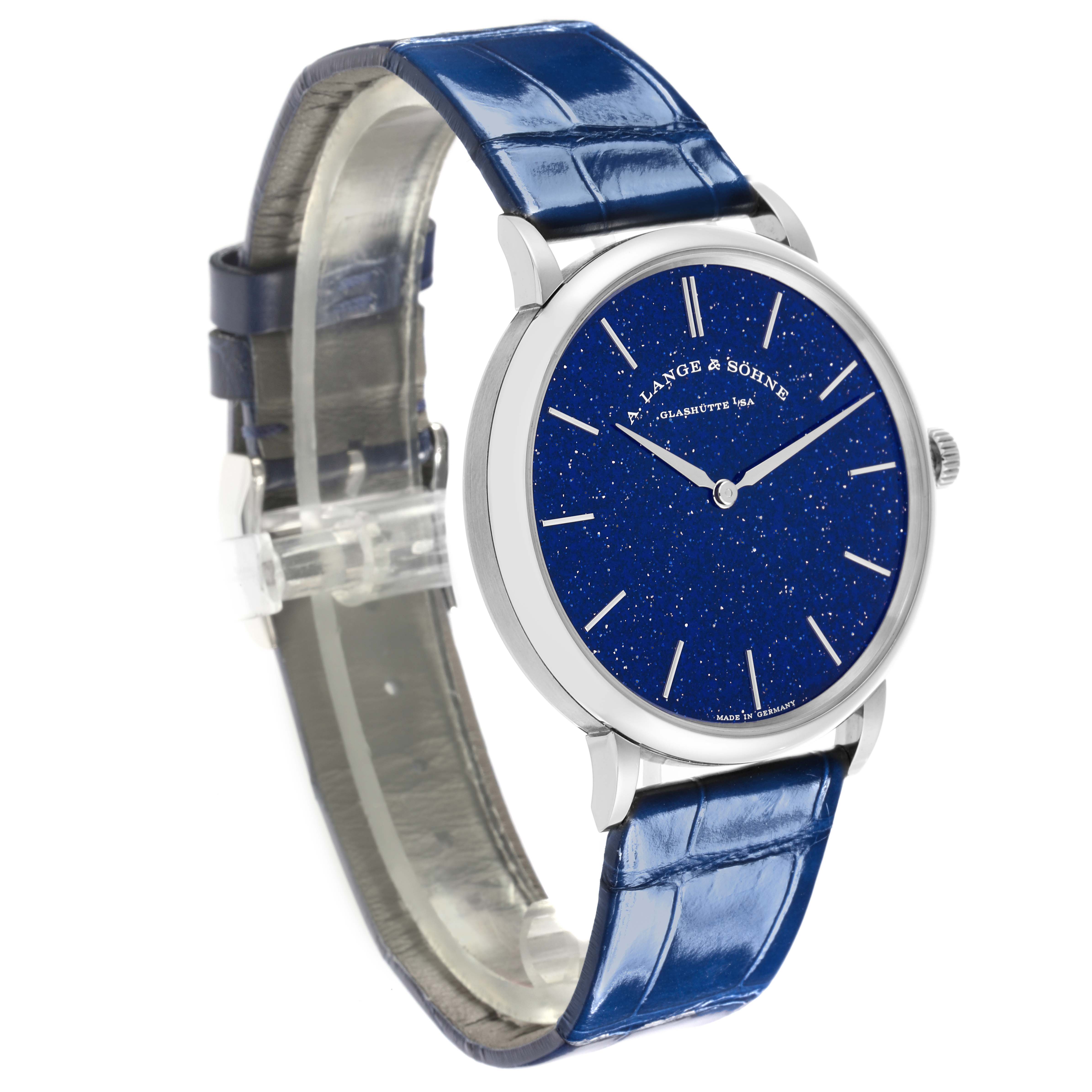 The A. Lange & Sohne Saxonia 205.086 Men's White Gold Blue Dial watch is shown at a 3/4 angle, highlighting the blue starry dial, case, and blue leather strap.