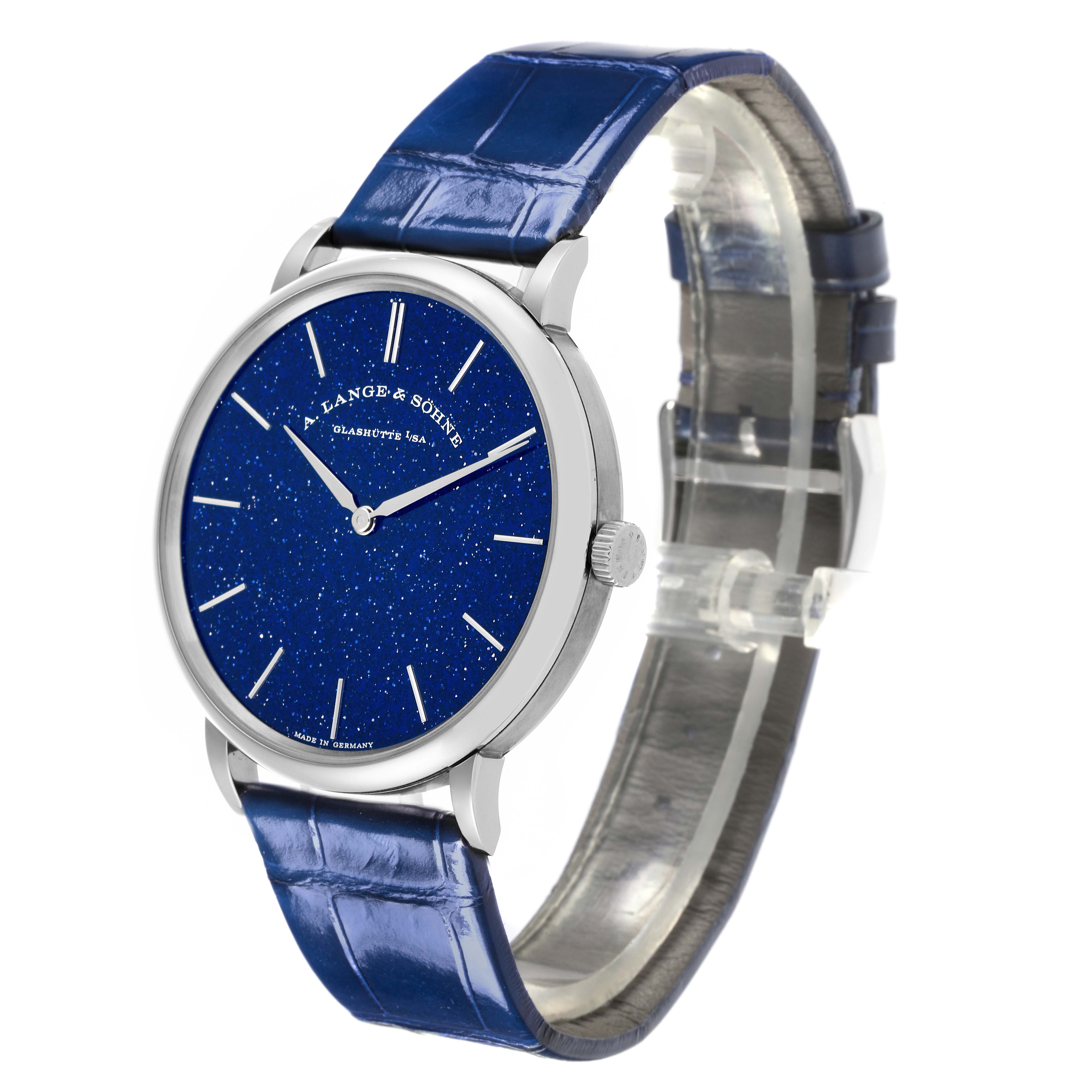 The A. Lange & Sohne Saxonia 205.086 Men's White Gold Blue Dial watch is shown at a slight angle, highlighting the blue dial, silver case, and leather strap.