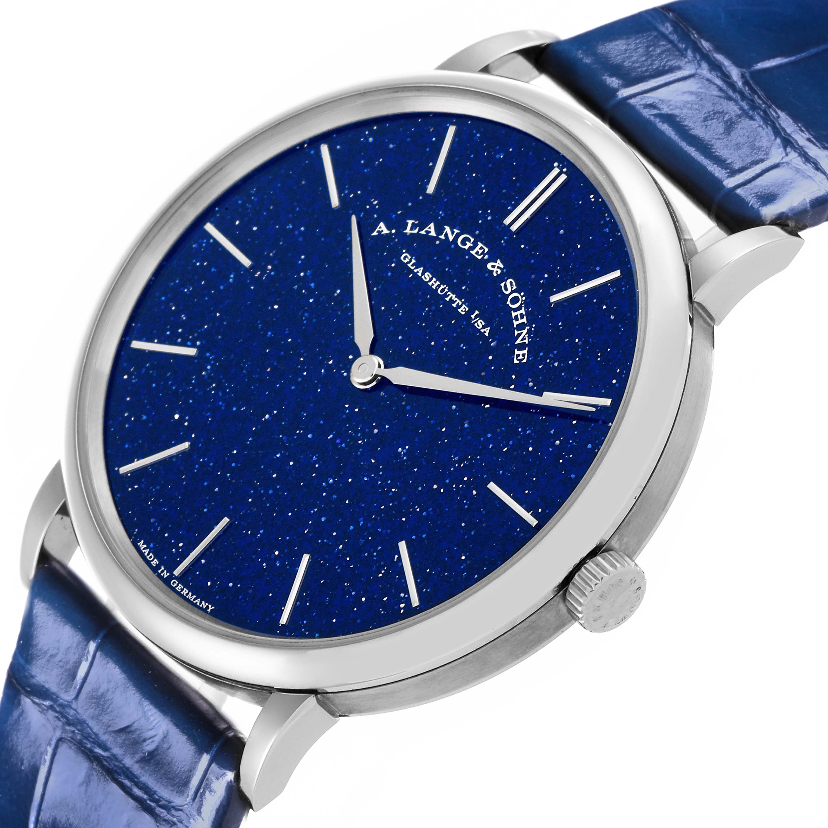 The A. Lange & Sohne Saxonia 205.086 Men's White Gold Blue Dial watch is shown at an angled close-up, highlighting the blue dial, silver hands, and strap.