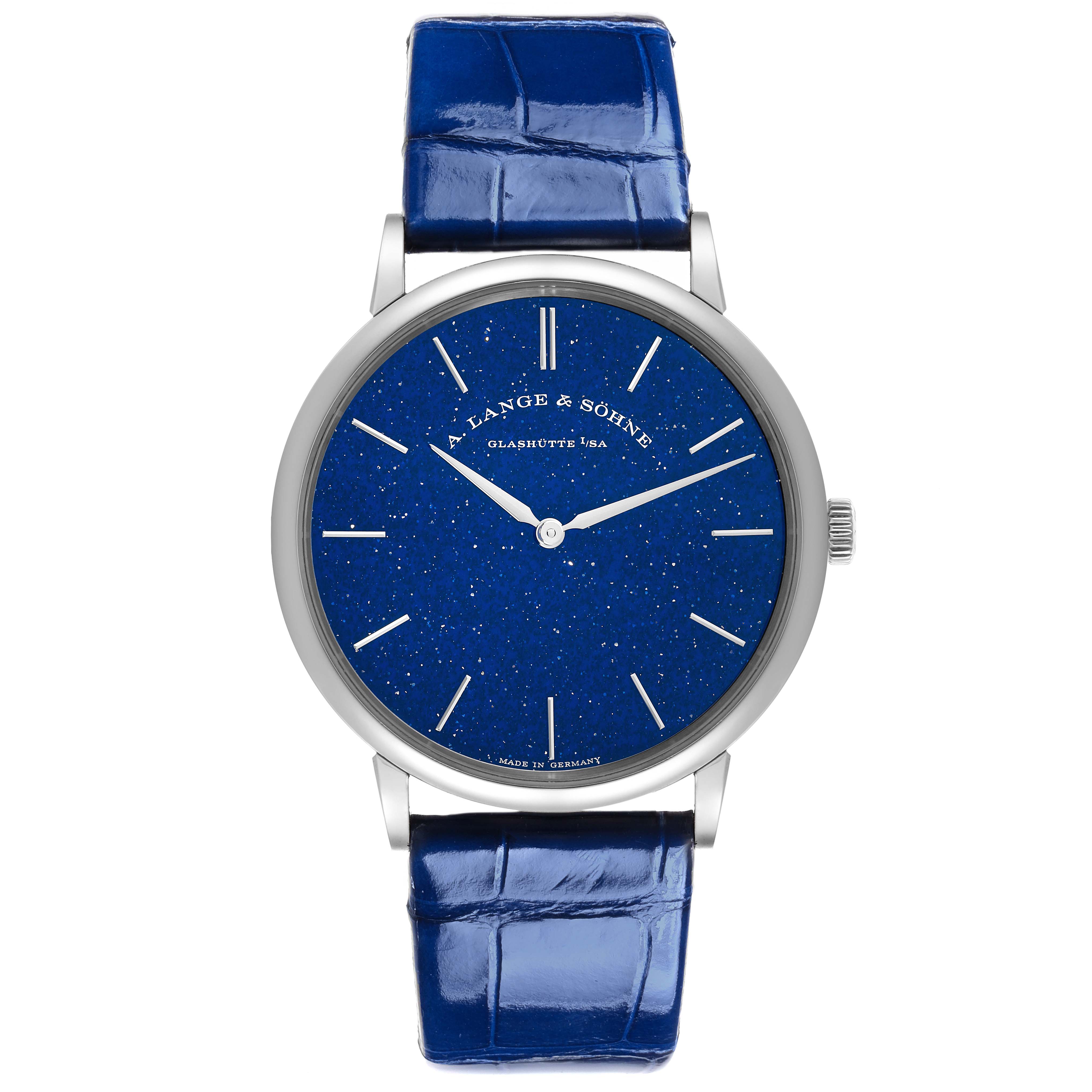 The A. Lange & Sohne Saxonia 205.086 Men's White Gold Blue Dial watch is shown from a front angle, displaying its blue starry dial and blue leather strap.