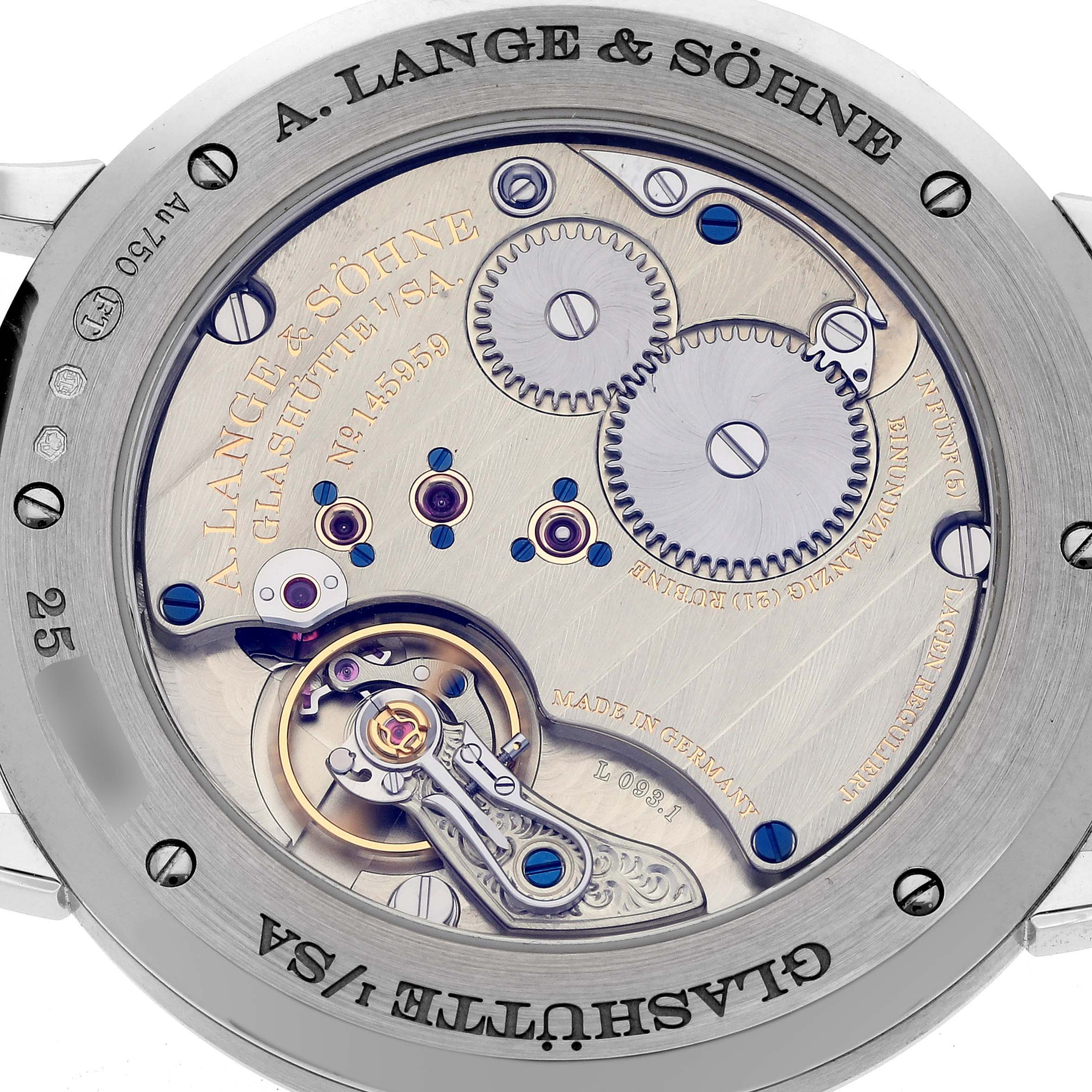 The image shows the case back of the A. Lange & Sohne Saxonia 205.086 Men's White Gold Blue Dial, revealing its intricate movement and mechanical parts.