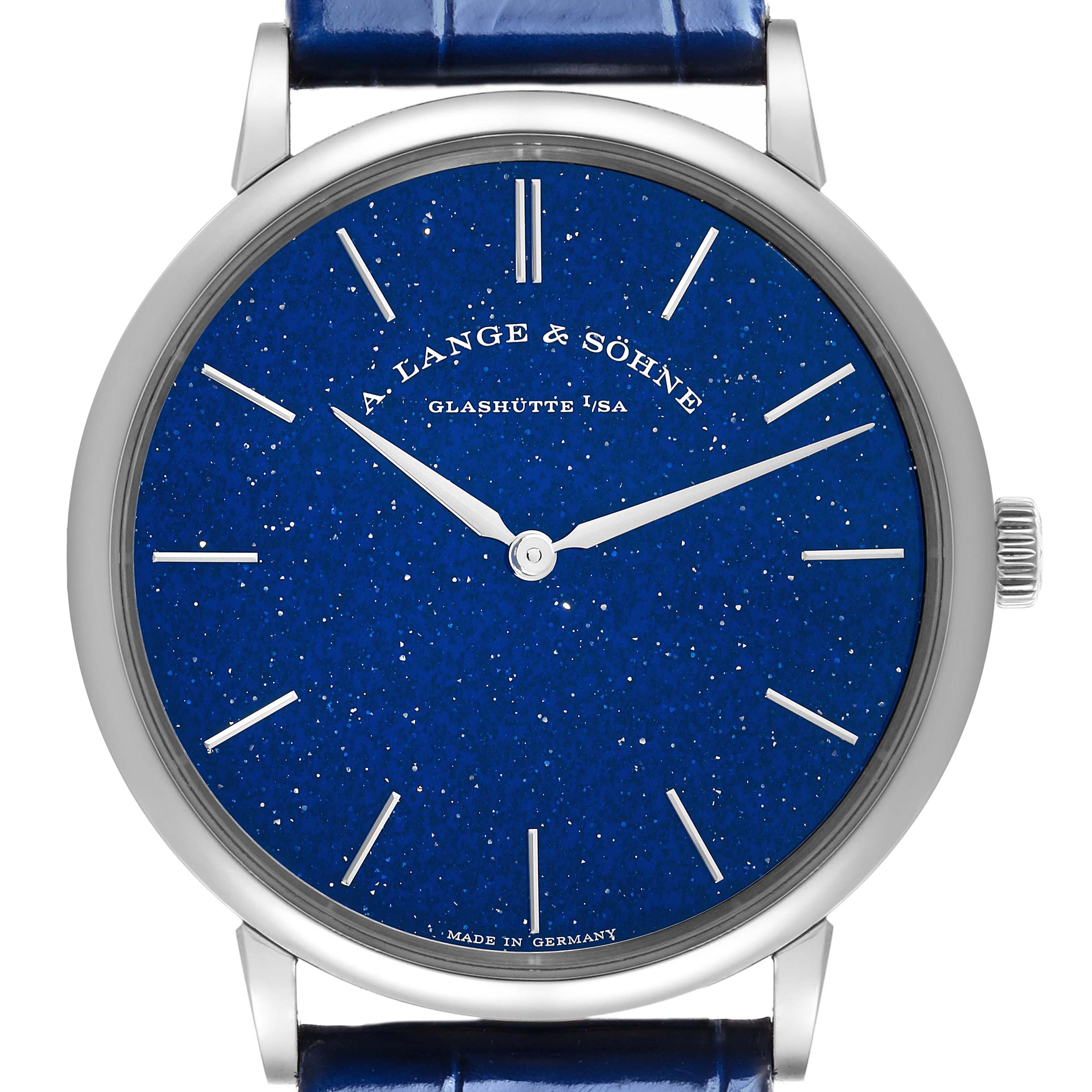 The A. Lange & Sohne Saxonia 205.086 Men's White Gold Blue Dial watch is shown from the front, highlighting its blue starry dial and silver indices.