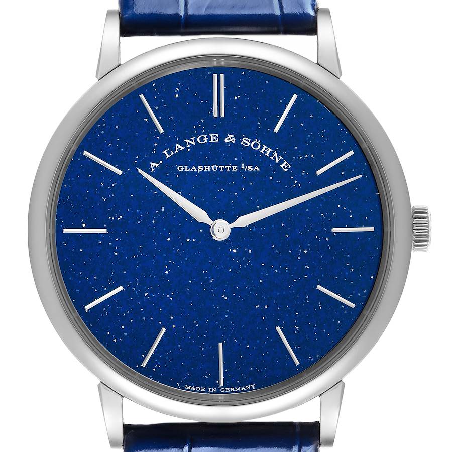 The A. Lange & Söhne Saxonia watch is shown from the front, highlighting its blue starry dial and silver indices.