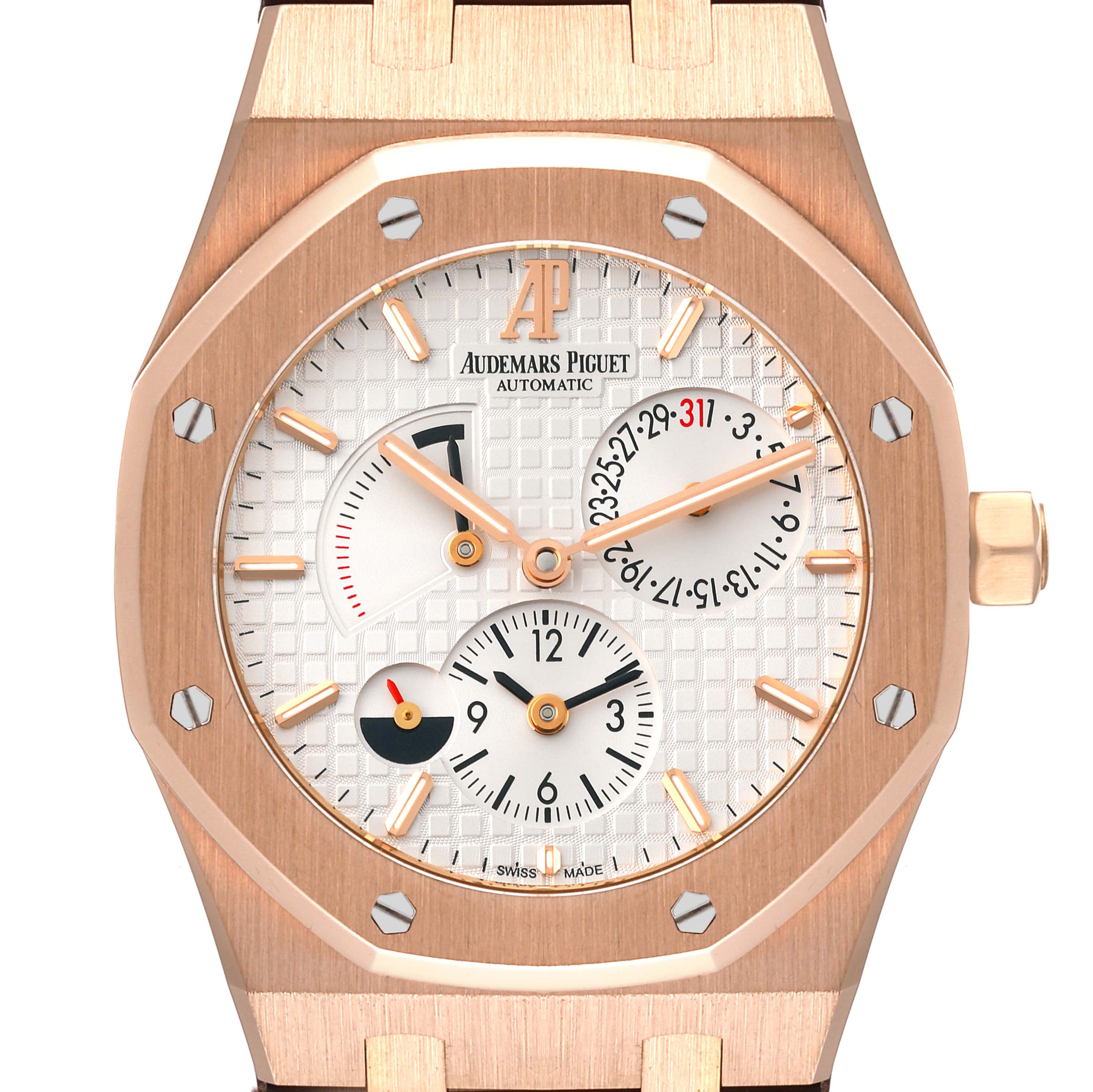 This image shows a close-up front view of the Audemars Piguet Royal Oak 26120OR.00.D088CR.01 Men's Rose Gold Silver Dial 26120OR.00.D088CR.01 Men's Rose Gold Silver Dial watch, highlighting its rose gold casing and intricate dial.