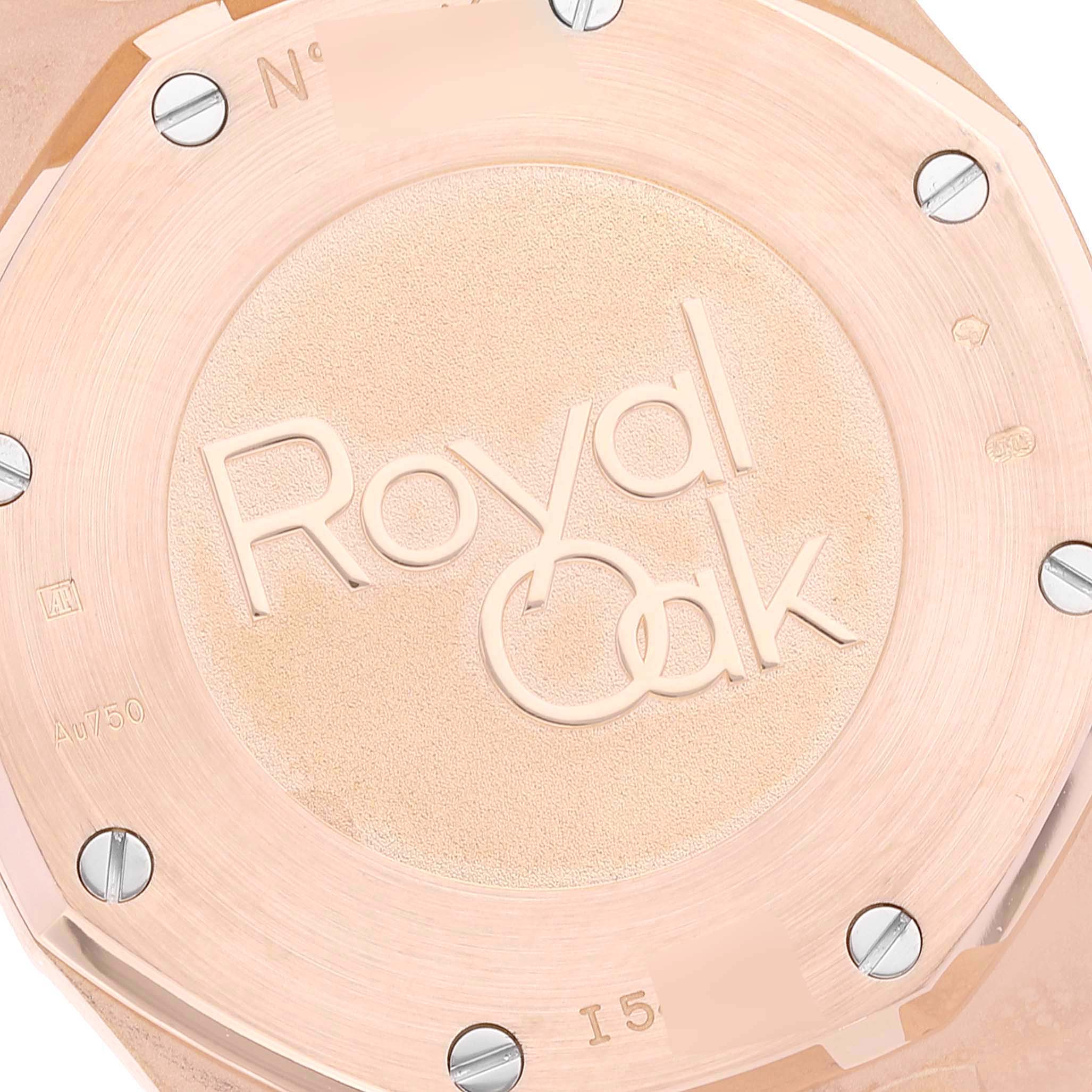 This is a close-up view of the case back of the Audemars Piguet Royal Oak 26120OR.00.D088CR.01 Men's Rose Gold Silver Dial 26120OR.00.D088CR.01 Men's Rose Gold Silver Dial watch, highlighting the screws and "Royal Oak" engraving.
