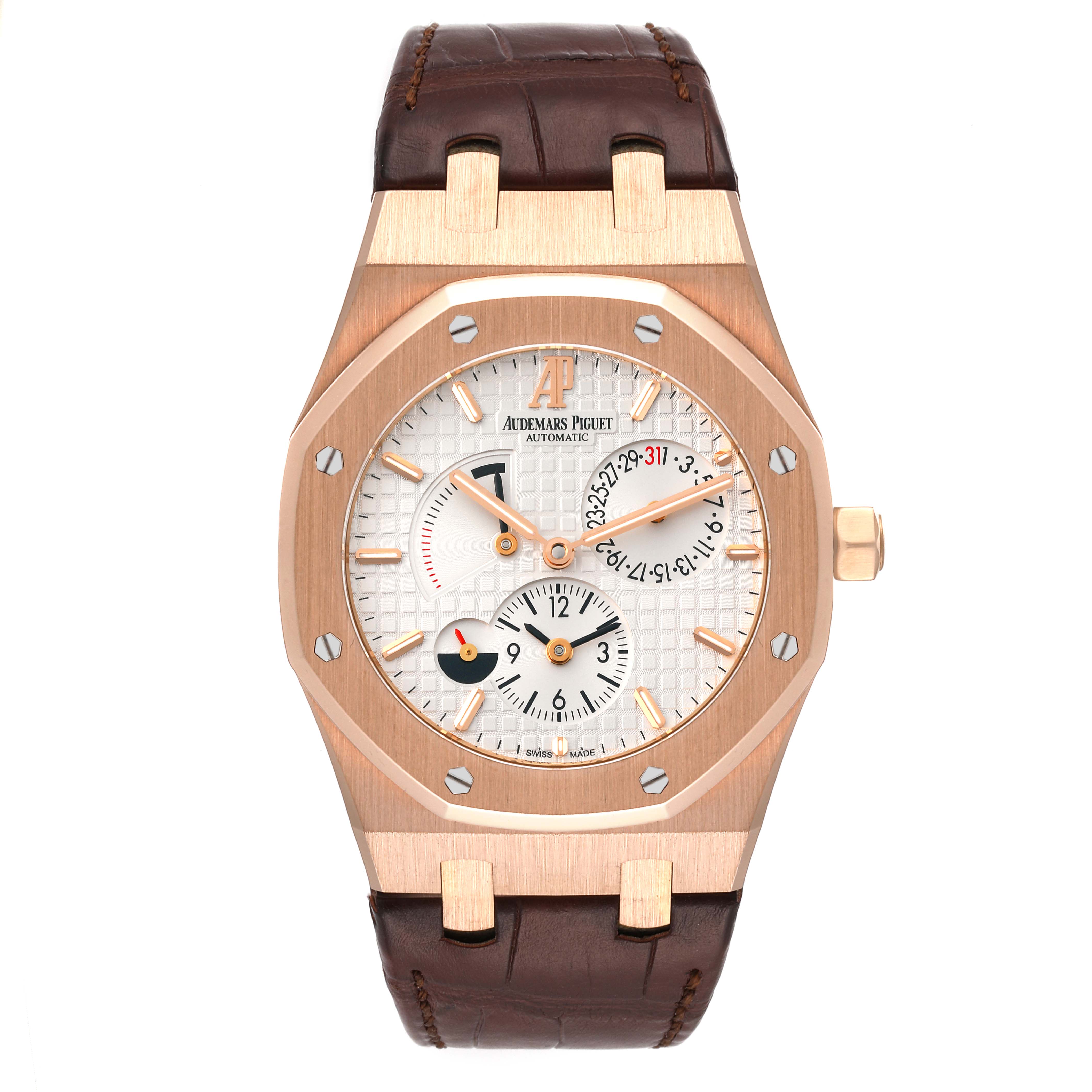 This is a front view of the Audemars Piguet Royal Oak 26120OR.00.D088CR.01 Men's Rose Gold Silver Dial 26120OR.00.D088CR.01 Men's Rose Gold Silver Dial watch, displaying the case, dial, hands, subdials, and leather strap.