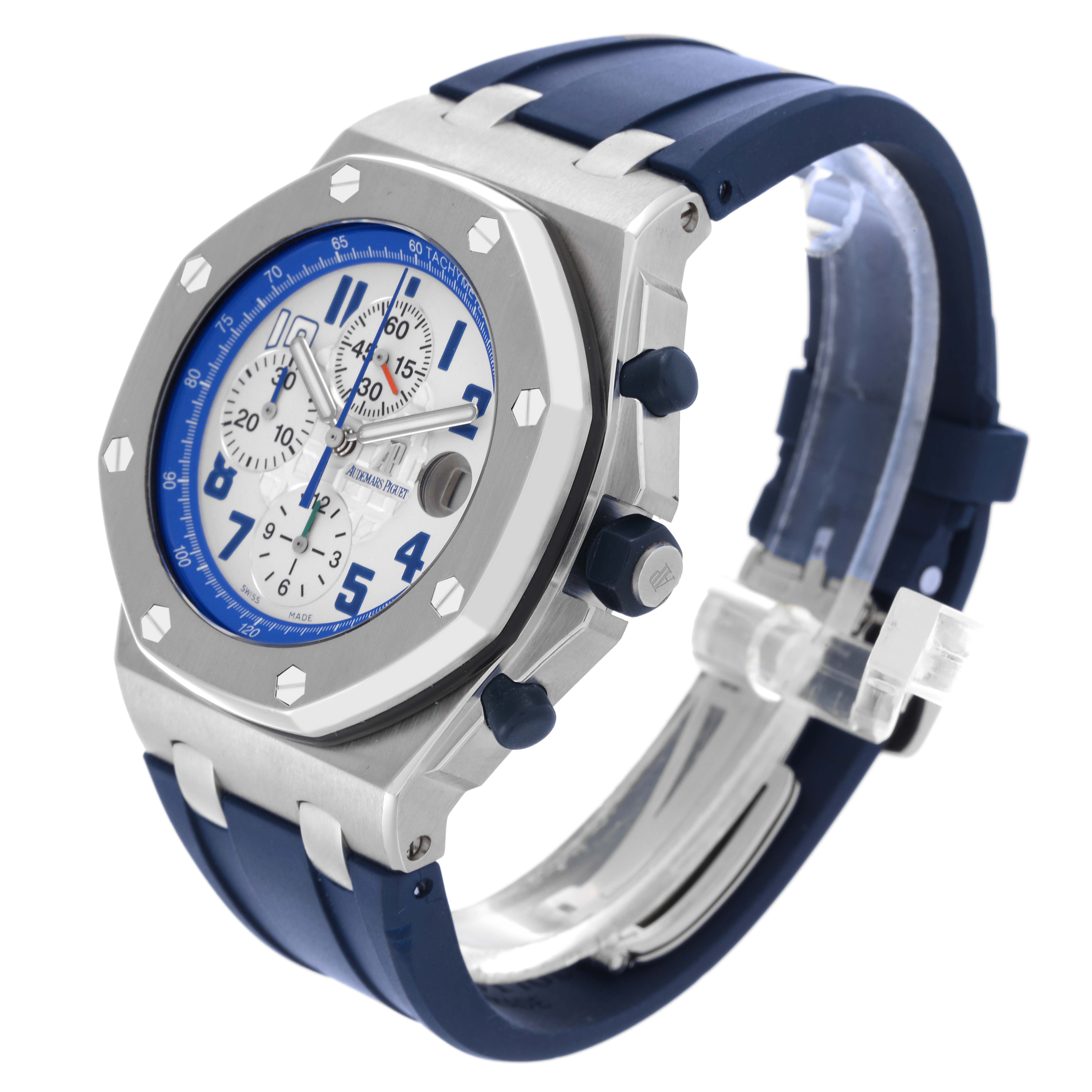 The Audemars Piguet Royal Oak Offshore 26470ST Men's Stainless Steel White Dial 26470ST Men's Stainless Steel White Dial watch is shown at a three-quarter angle, highlighting the face, bezel, and strap.