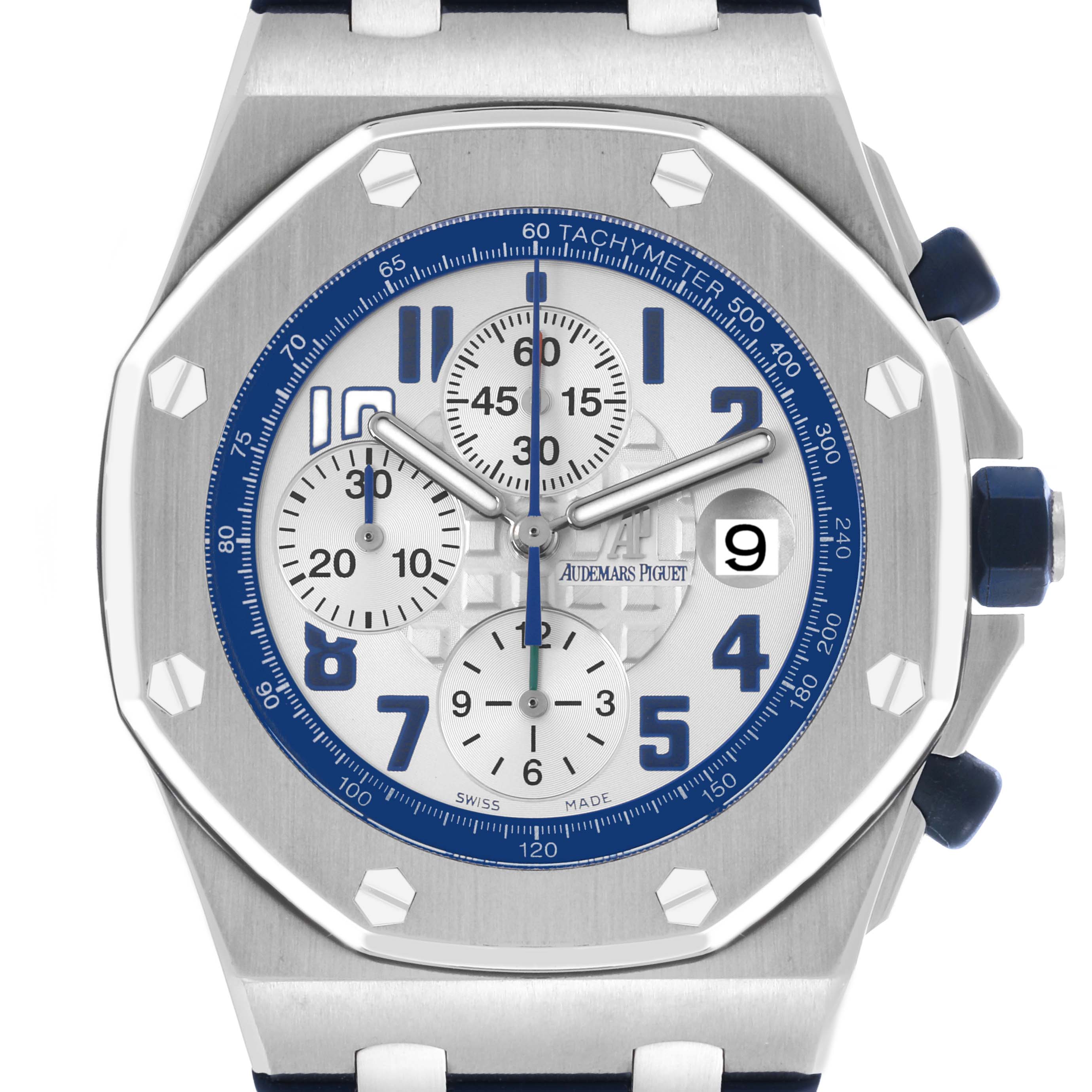 The Audemars Piguet Royal Oak Offshore 26470ST Men's Stainless Steel White Dial 26470ST Men's Stainless Steel White Dial watch is shown from the front, highlighting the dial, bezel, and pushers.