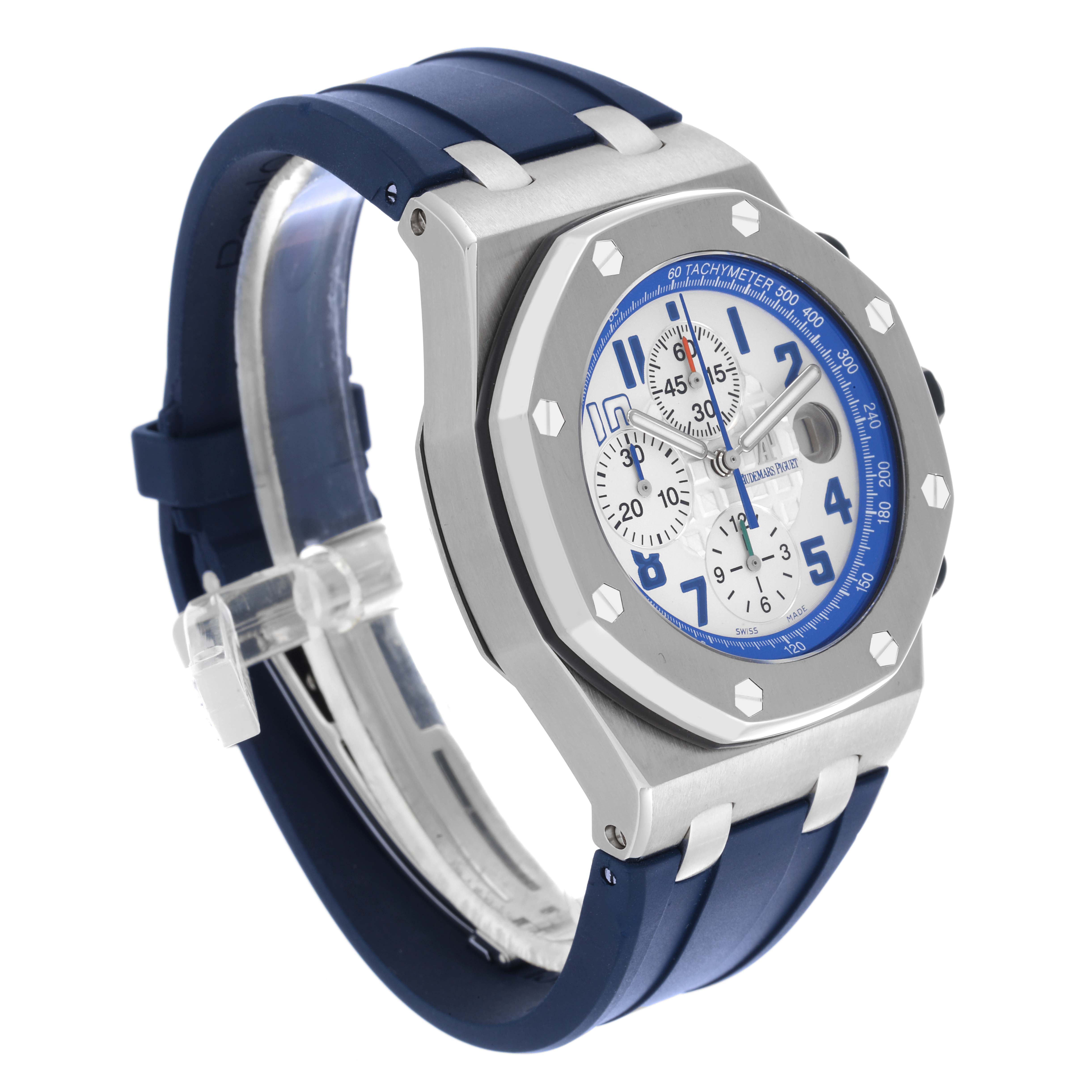 The Royal Oak Offshore by Audemars Piguet is shown at a three-quarter angle, highlighting the case, bezel, and strap.