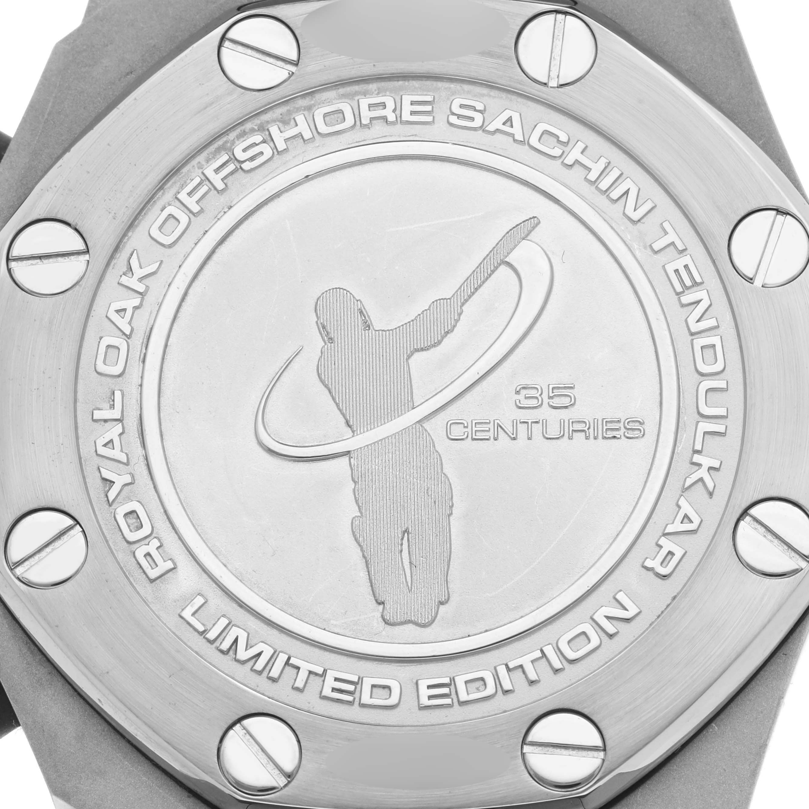 The image shows the case back of an Audemars Piguet Royal Oak Offshore 26470ST Men's Stainless Steel White Dial 26470ST Men's Stainless Steel White Dial watch, featuring the "Sachin Tendulkar Limited Edition" engraving.
