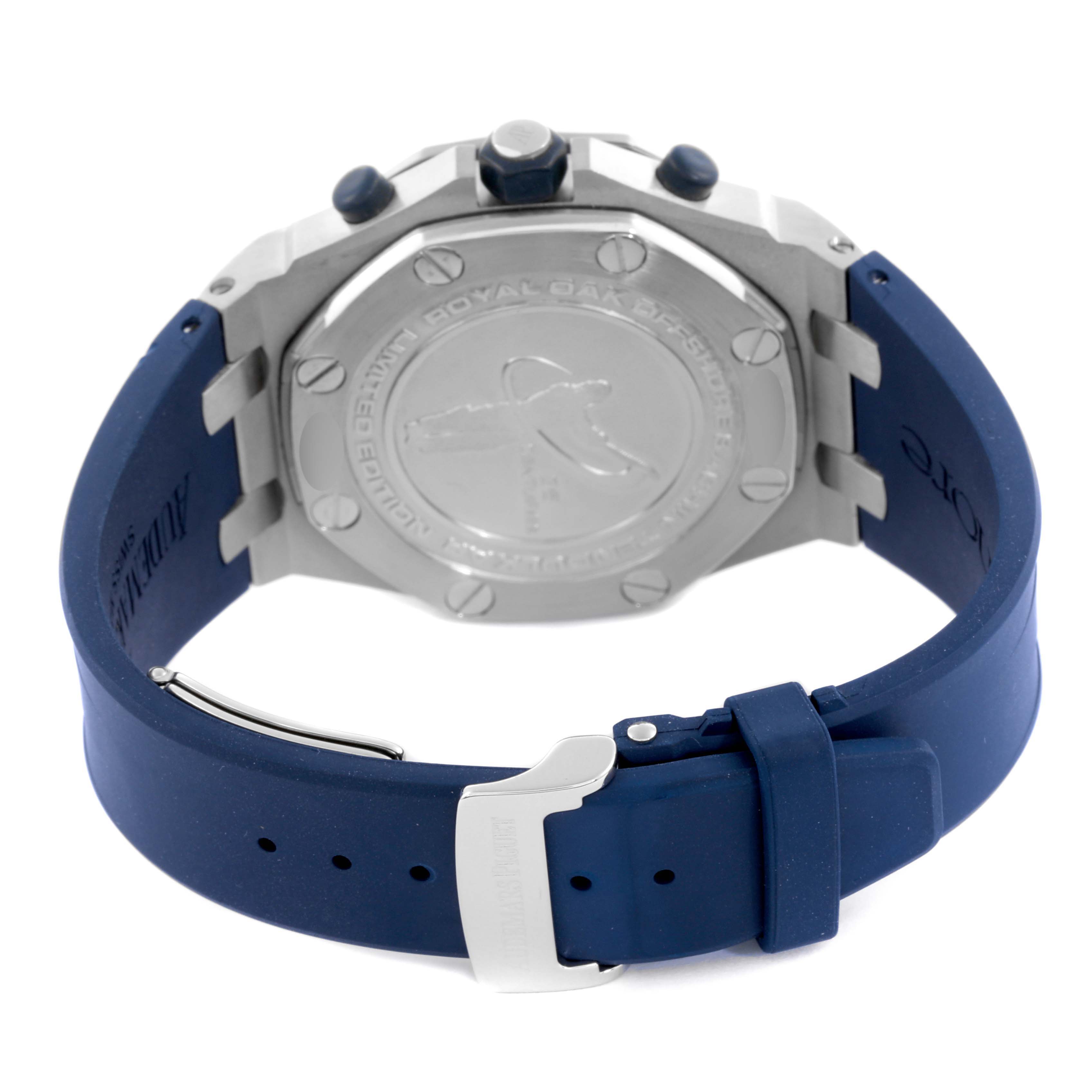 The image shows the back of an Audemars Piguet Royal Oak Offshore 26470ST Men's Stainless Steel White Dial 26470ST Men's Stainless Steel White Dial watch with a blue strap and clasp.