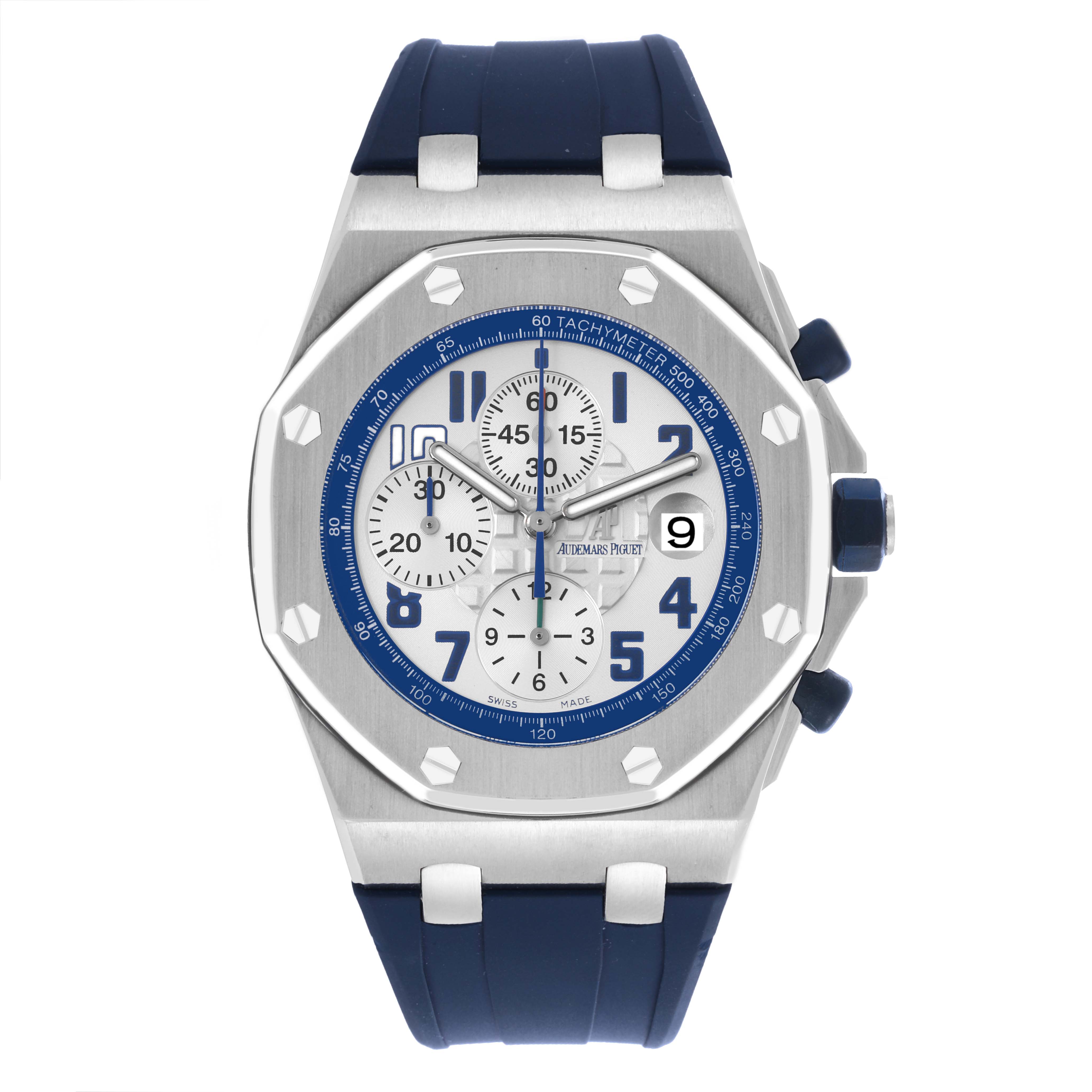The Audemars Piguet Royal Oak Offshore 26470ST Men's Stainless Steel White Dial 26470ST Men's Stainless Steel White Dial watch is shown from the front, displaying the face, bezel, and strap.