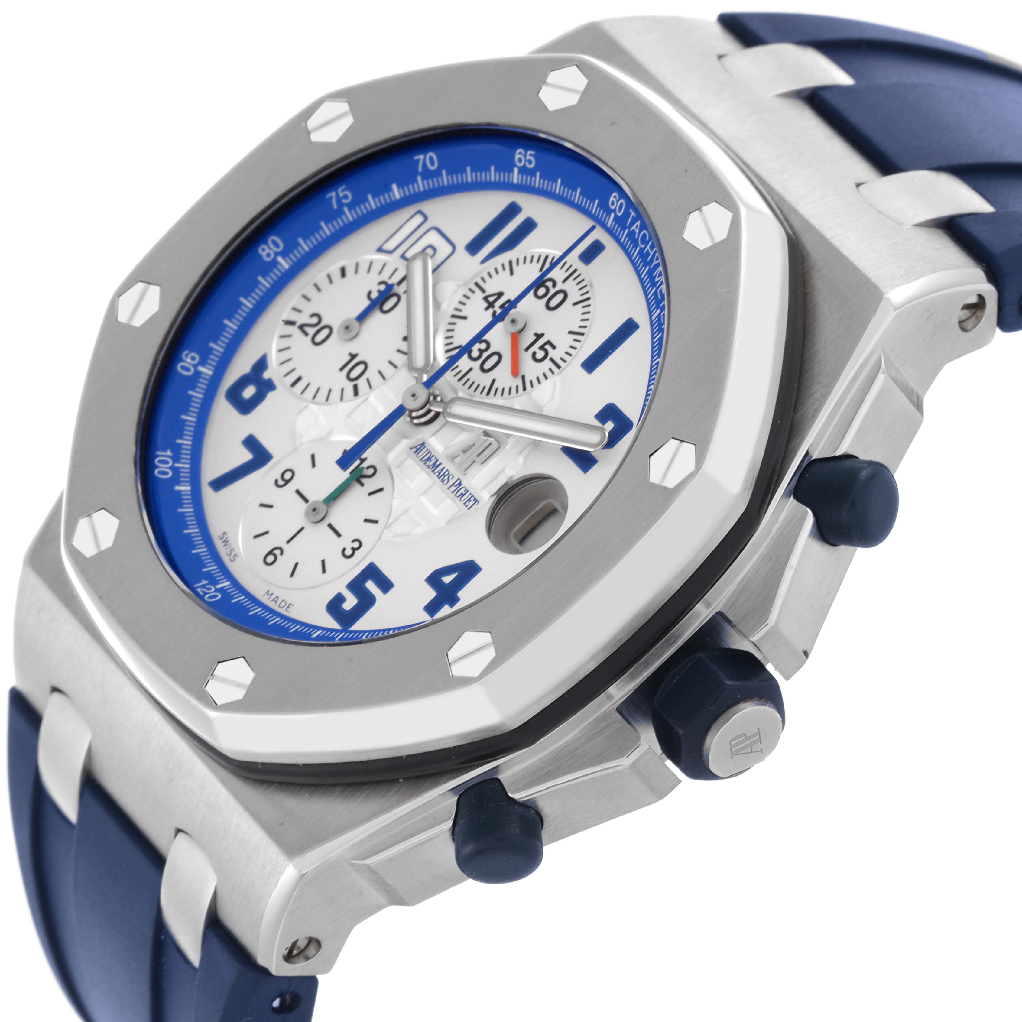 The image shows a side and angled view of the Audemars Piguet Royal Oak Offshore 26470ST Men's Stainless Steel White Dial 26470ST Men's Stainless Steel White Dial, displaying the dial, bezel, and pushers.