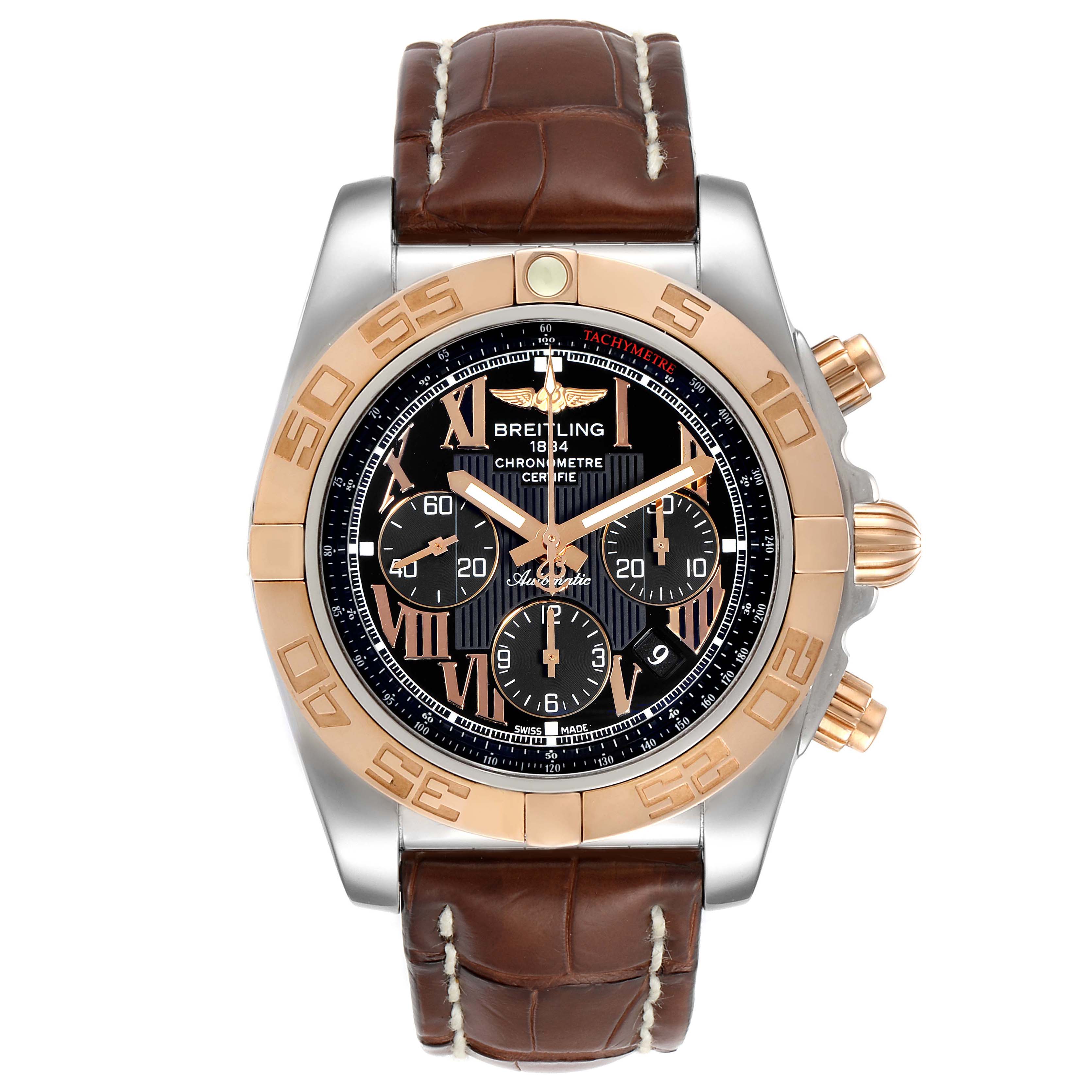 The image shows a Breitling Chronomat CB0110 Men's Rose Gold Black Dial CB0110 Men's Rose Gold Black Dial watch from a top view, featuring its dial, bezel, and brown leather strap.