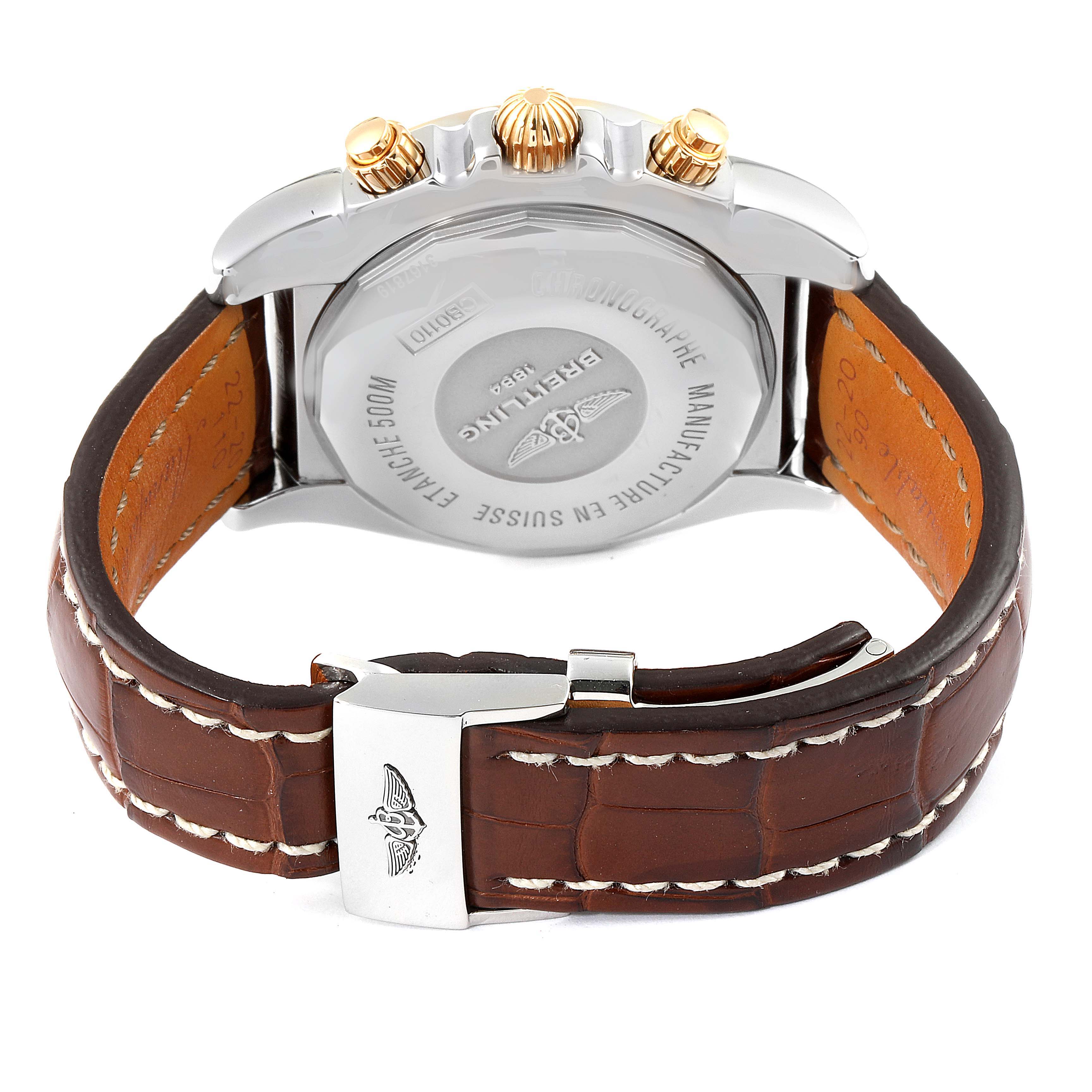 The image shows the back view of a Breitling Chronomat CB0110 Men's Rose Gold Black Dial CB0110 Men's Rose Gold Black Dial watch, highlighting its case back, crown, and brown leather strap.