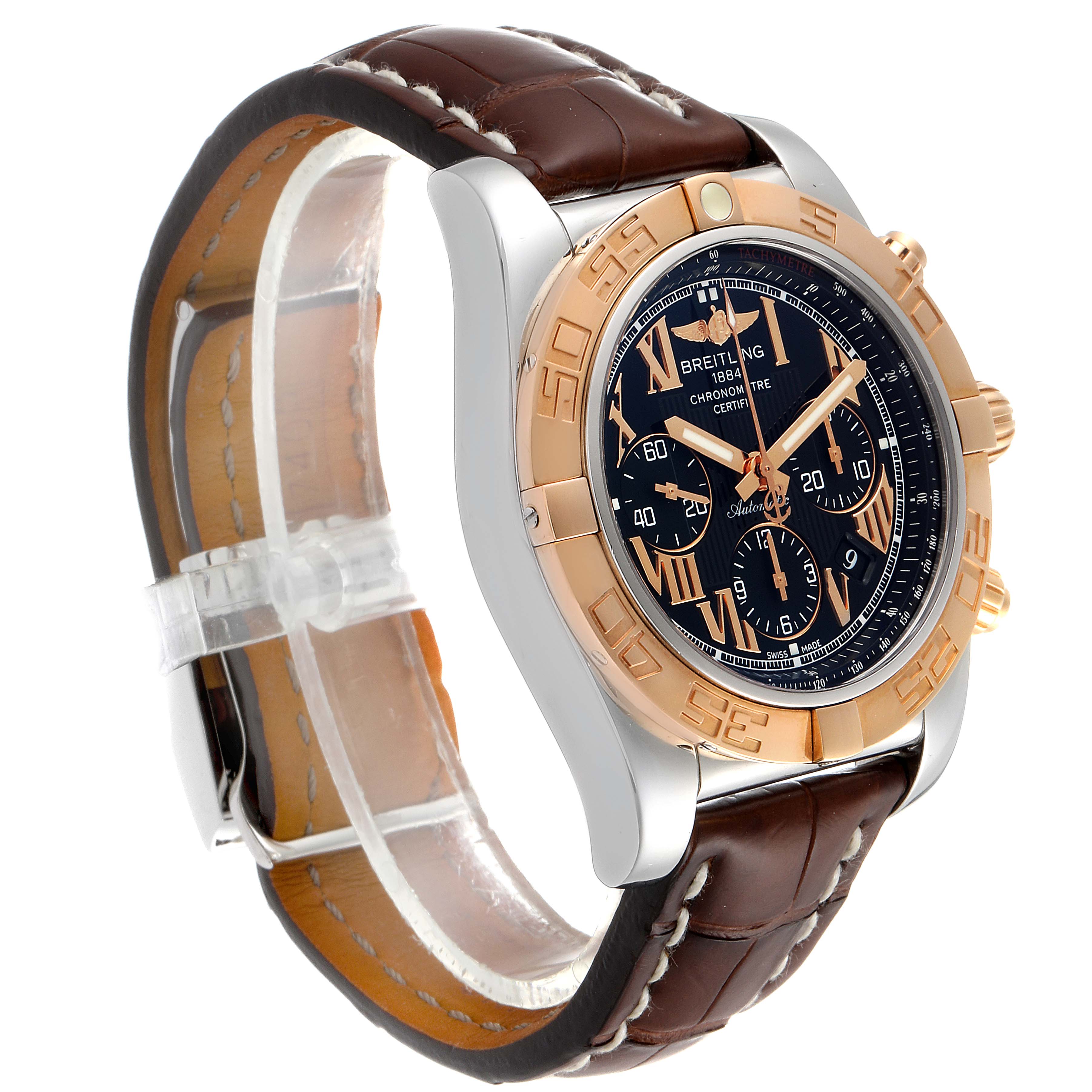 The image shows a side and partial front angle of a Breitling Chronomat CB0110 Men's Rose Gold Black Dial CB0110 Men's Rose Gold Black Dial watch, highlighting its face, bezel, and leather strap.