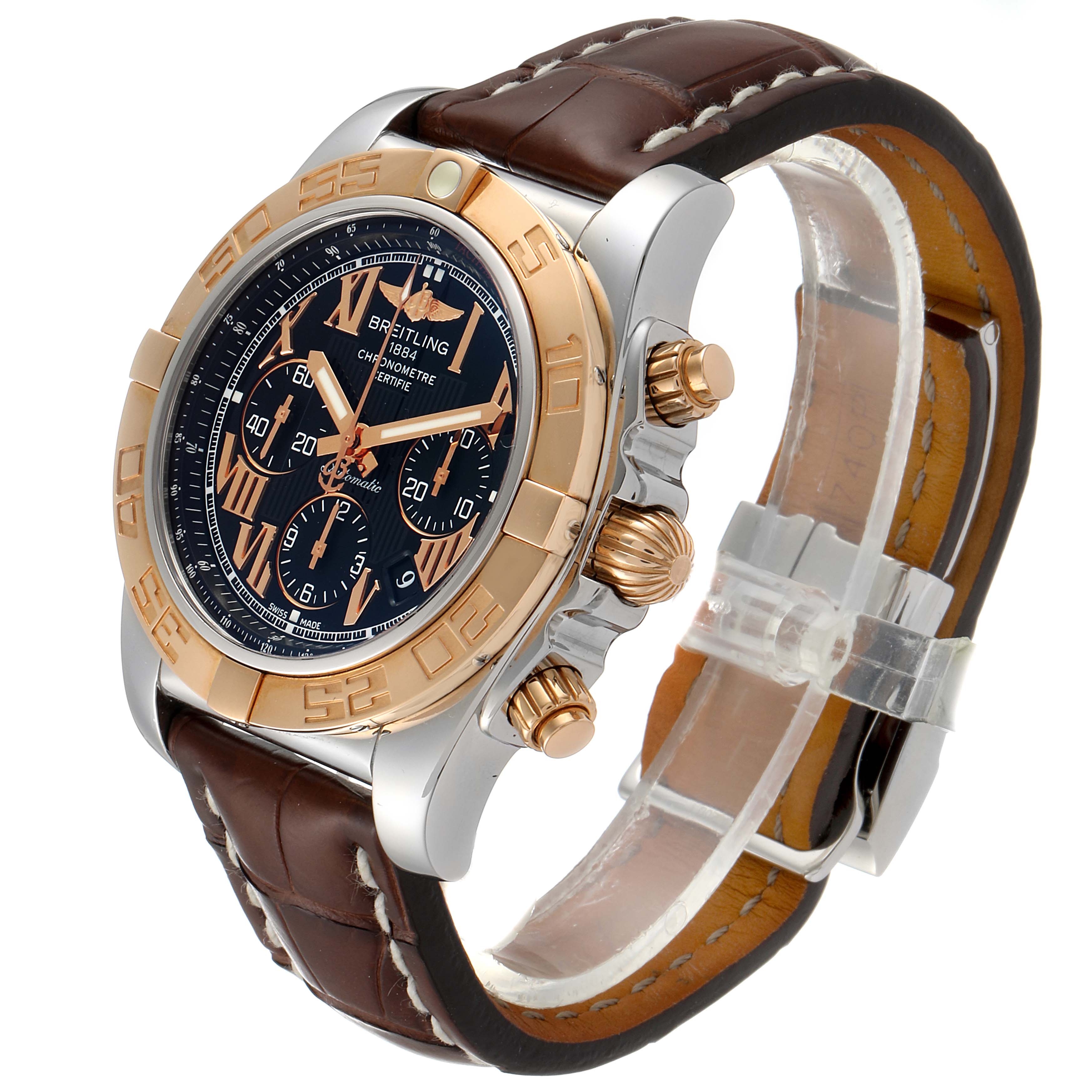 The Breitling Chronomat CB0110 Men's Rose Gold Black Dial CB0110 Men's Rose Gold Black Dial watch is shown at an angle, displaying the face, bezel, crown, and leather strap.