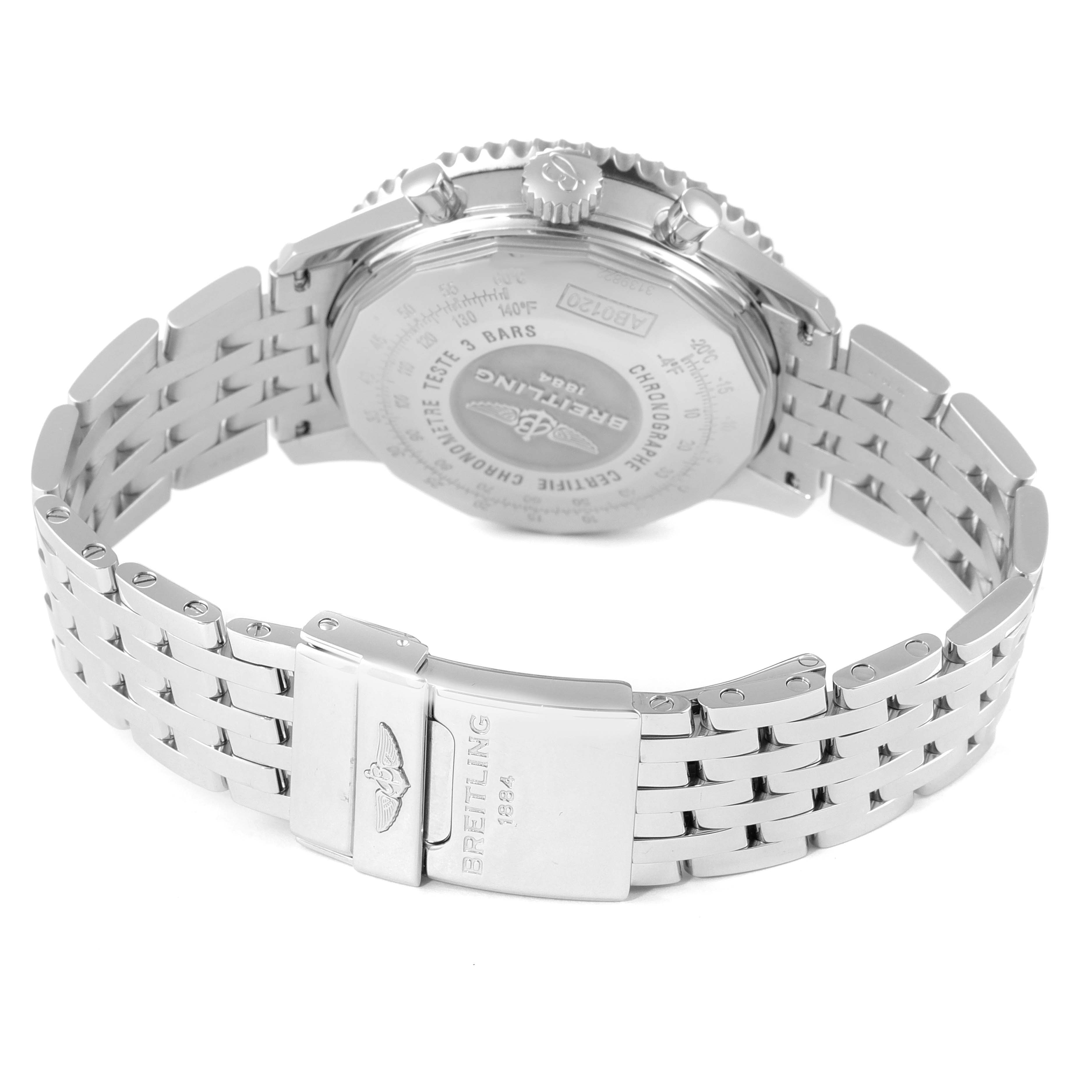 The image shows the back view of a Breitling Navitimer AB0120 Men
s Stainless Steel Black Dial AB0120 Men
s Stainless Steel Black Dial, highlighting the case back and stainless steel bracelet with the clasp.