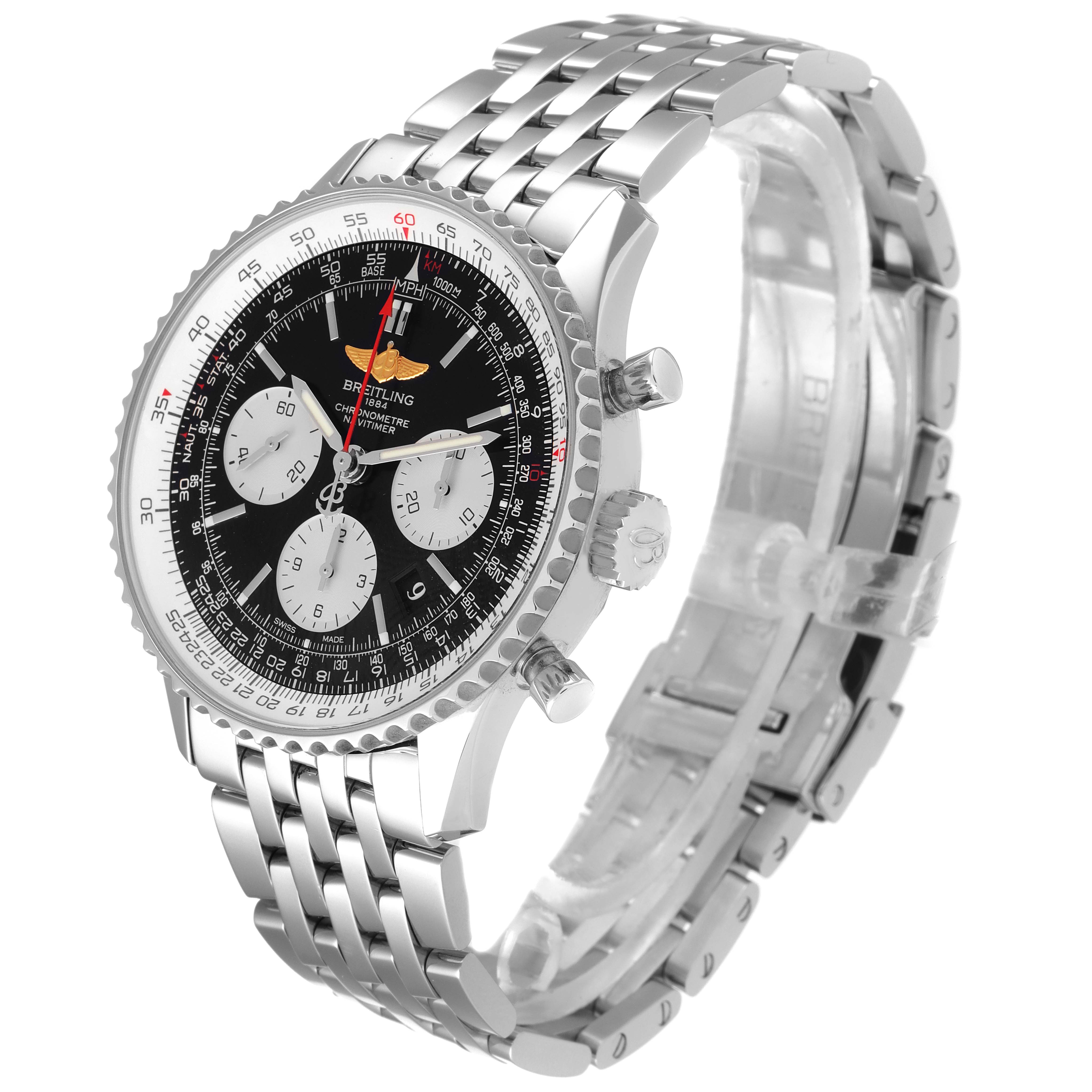 The image shows a side angle of the Breitling Navitimer AB0120 Men
s Stainless Steel Black Dial AB0120 Men
s Stainless Steel Black Dial watch, highlighting the face, bezel, crown, pushers, and bracelet.