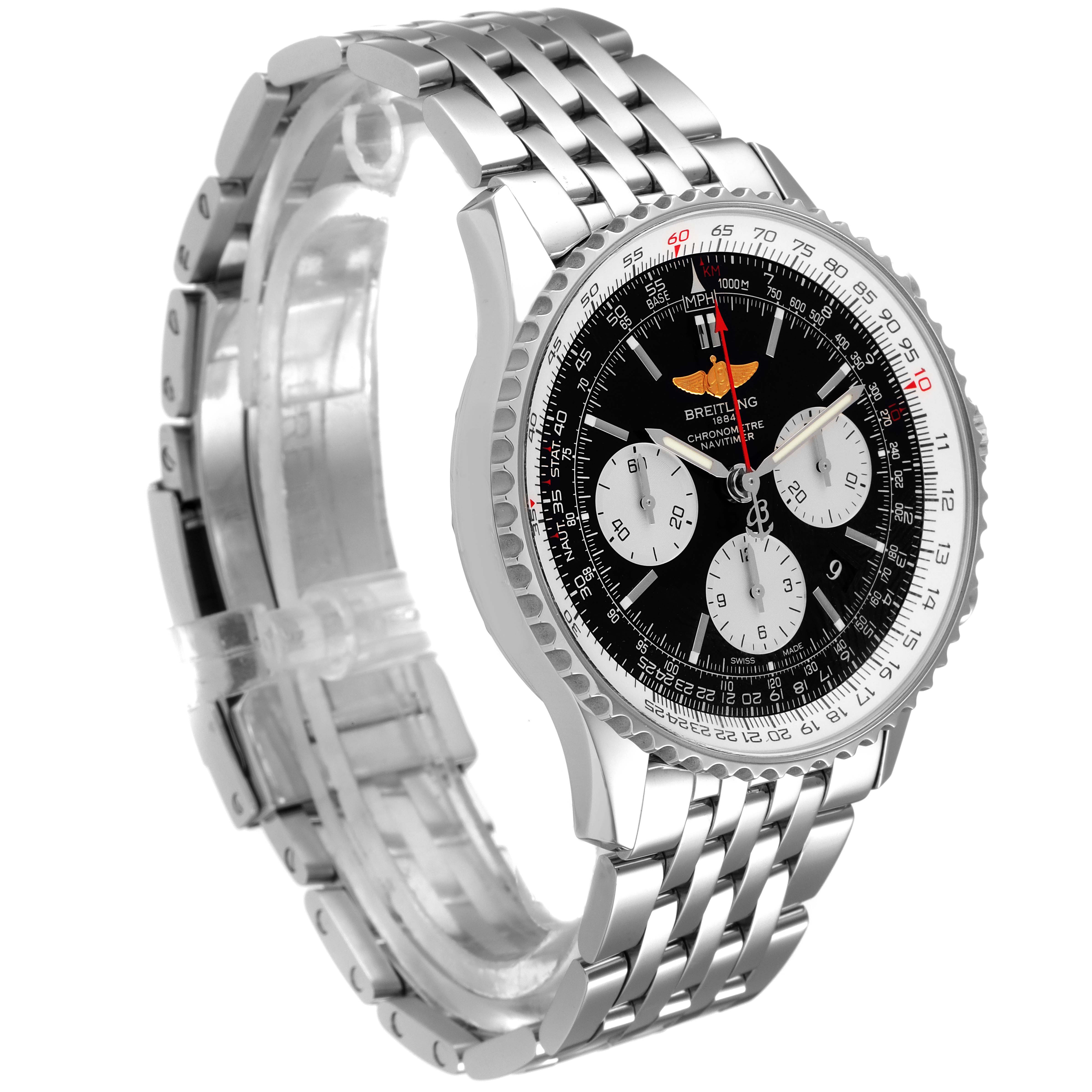 The Breitling Navitimer AB0120 Men
s Stainless Steel Black Dial AB0120 Men
s Stainless Steel Black Dial watch is shown at an angled view, highlighting the face, bezel, and stainless steel bracelet.