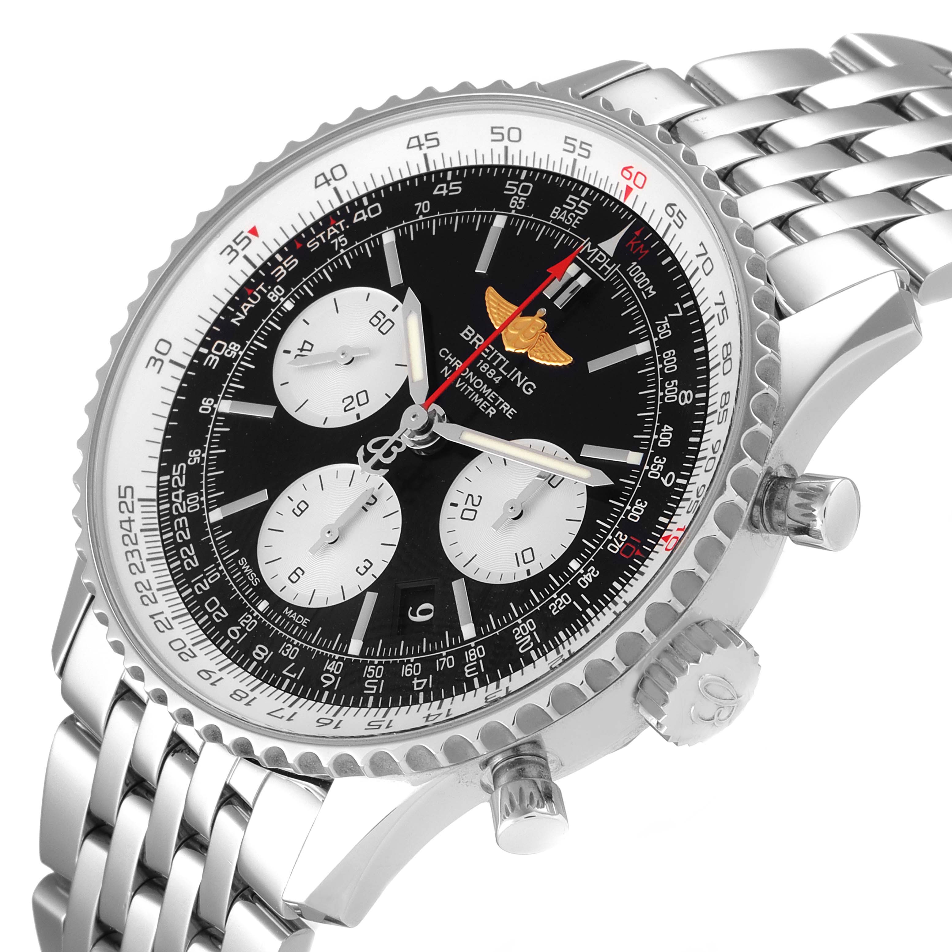 This image shows a close-up view of the Breitling Navitimer AB0120 Men
s Stainless Steel Black Dial AB0120 Men
s Stainless Steel Black Dial watch, focusing on the face, bezel, crown, and a portion of the bracelet.