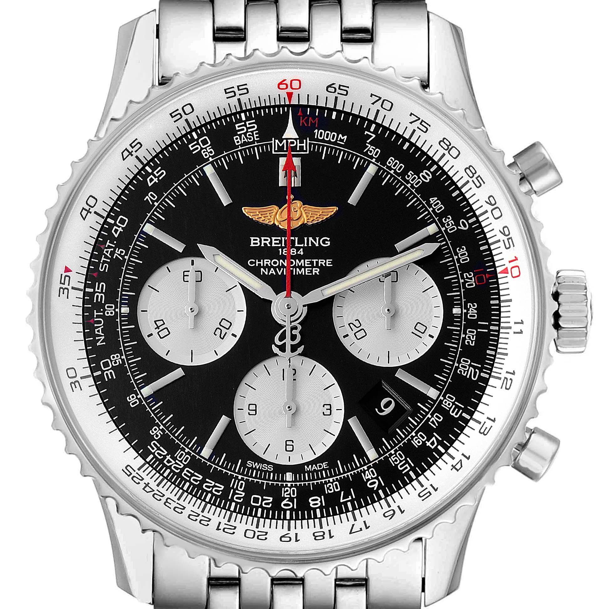 This image shows a frontal view of the Breitling Navitimer AB0120 Men
s Stainless Steel Black Dial AB0120 Men
s Stainless Steel Black Dial watch, showcasing its dial, bezel, and bracelet.