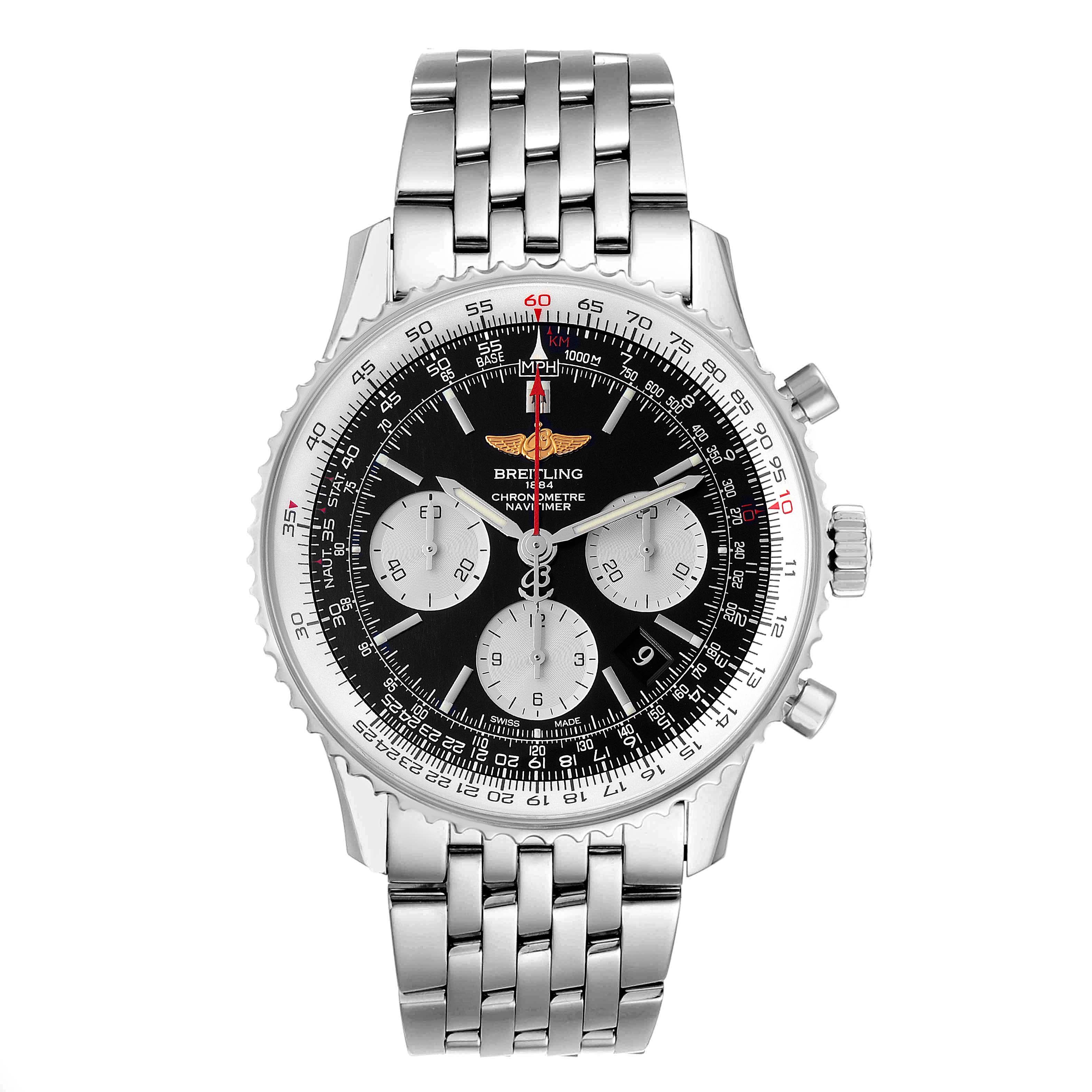 The image shows a Breitling Navitimer AB0120 Men
s Stainless Steel Black Dial AB0120 Men
s Stainless Steel Black Dial watch from the front, featuring a stainless steel bracelet and a black dial with three subdials.
