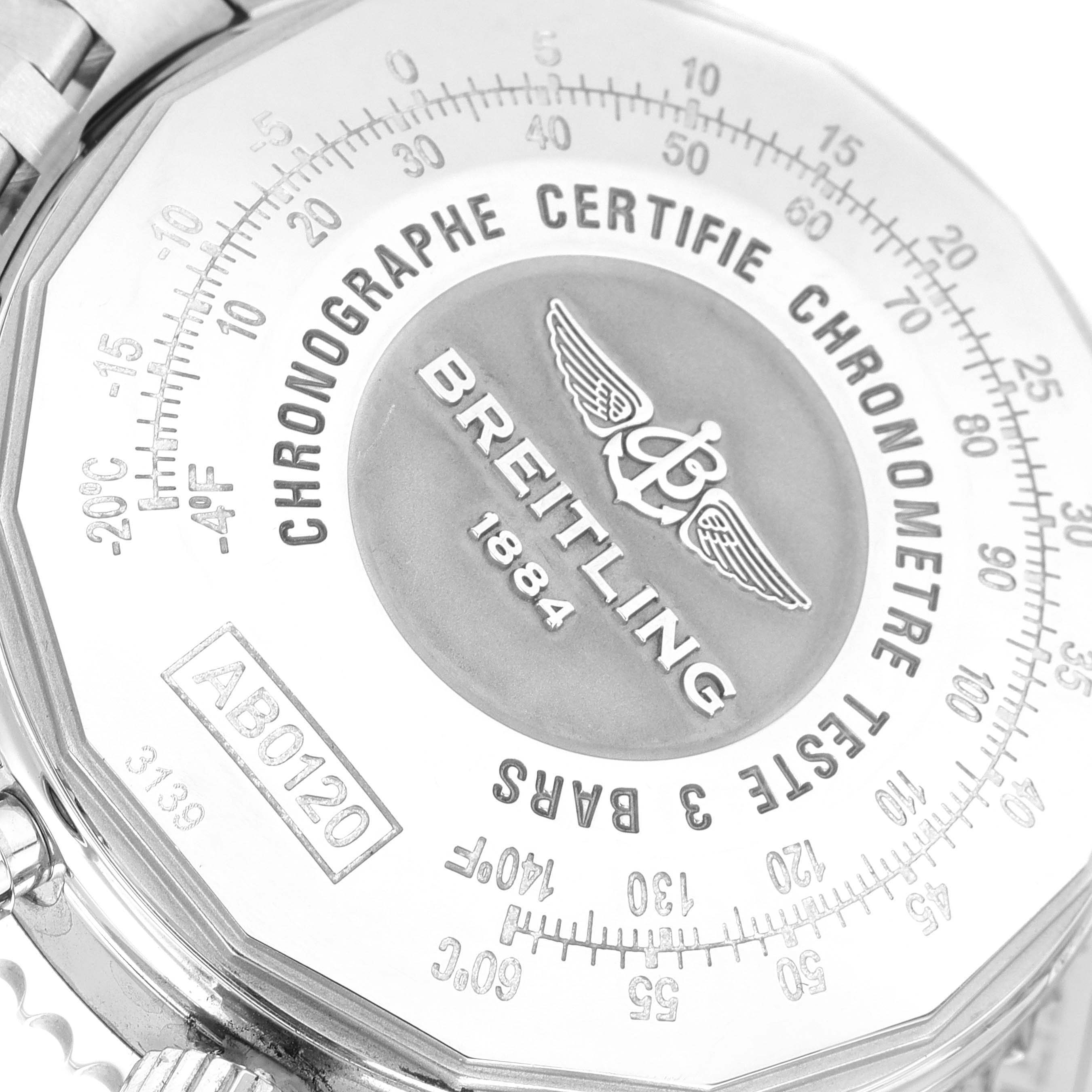 The image shows the back case of a Breitling Navitimer AB0120 Men
s Stainless Steel Black Dial AB0120 Men
s Stainless Steel Black Dial watch, highlighting the engravings and certification details.