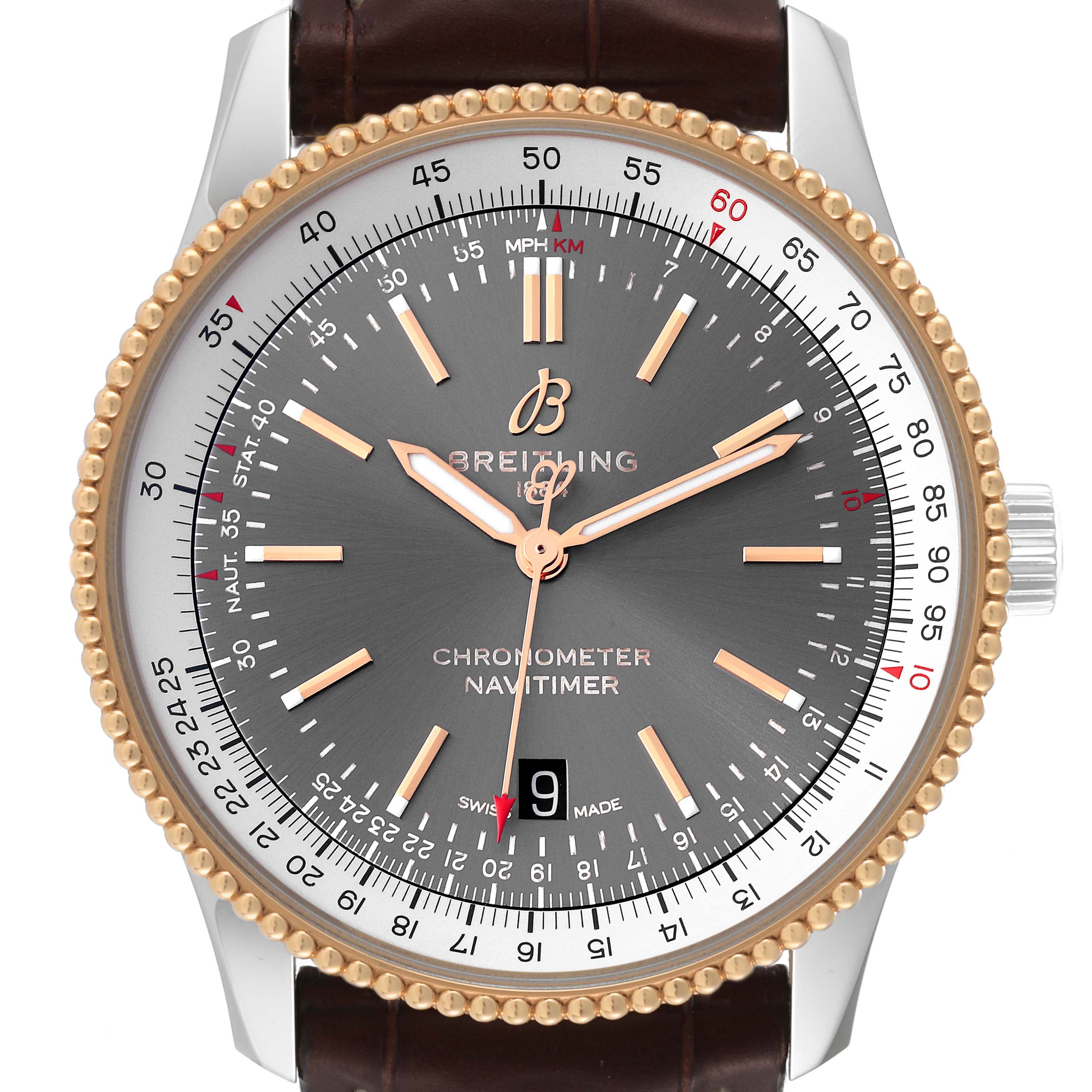 The image shows a front view of the Breitling Navitimer U17326 Men's Steel and Gold (two tone) Grey Dial U17326 Men's Steel and Gold (two tone) Grey Dial watch, highlighting the dial, bezel, hands, and part of the strap.