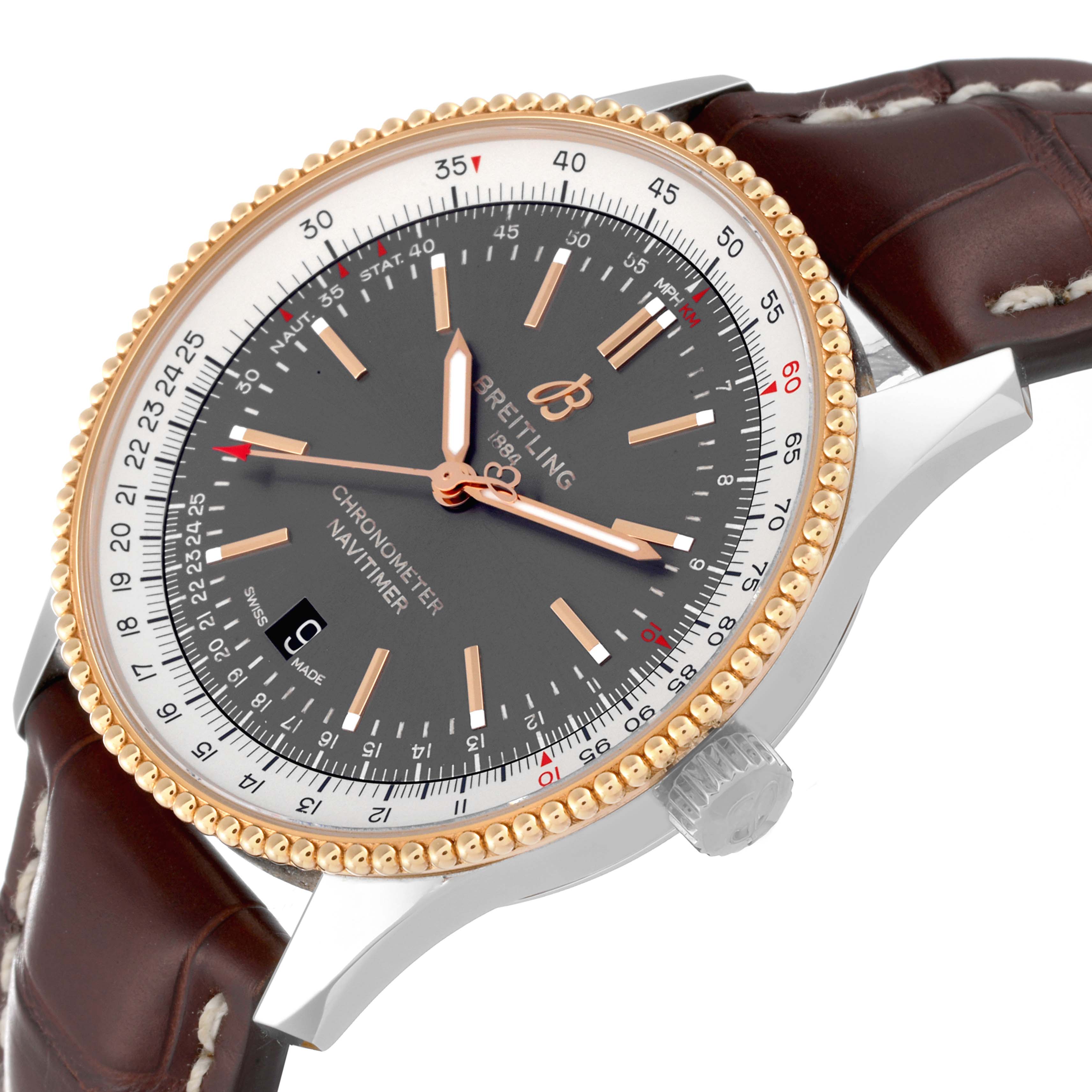 The Breitling Navitimer U17326 Men's Steel and Gold (two tone) Grey Dial U17326 Men's Steel and Gold (two tone) Grey Dial watch is shown from an angled side view, highlighting its face, bezel, and leather strap.