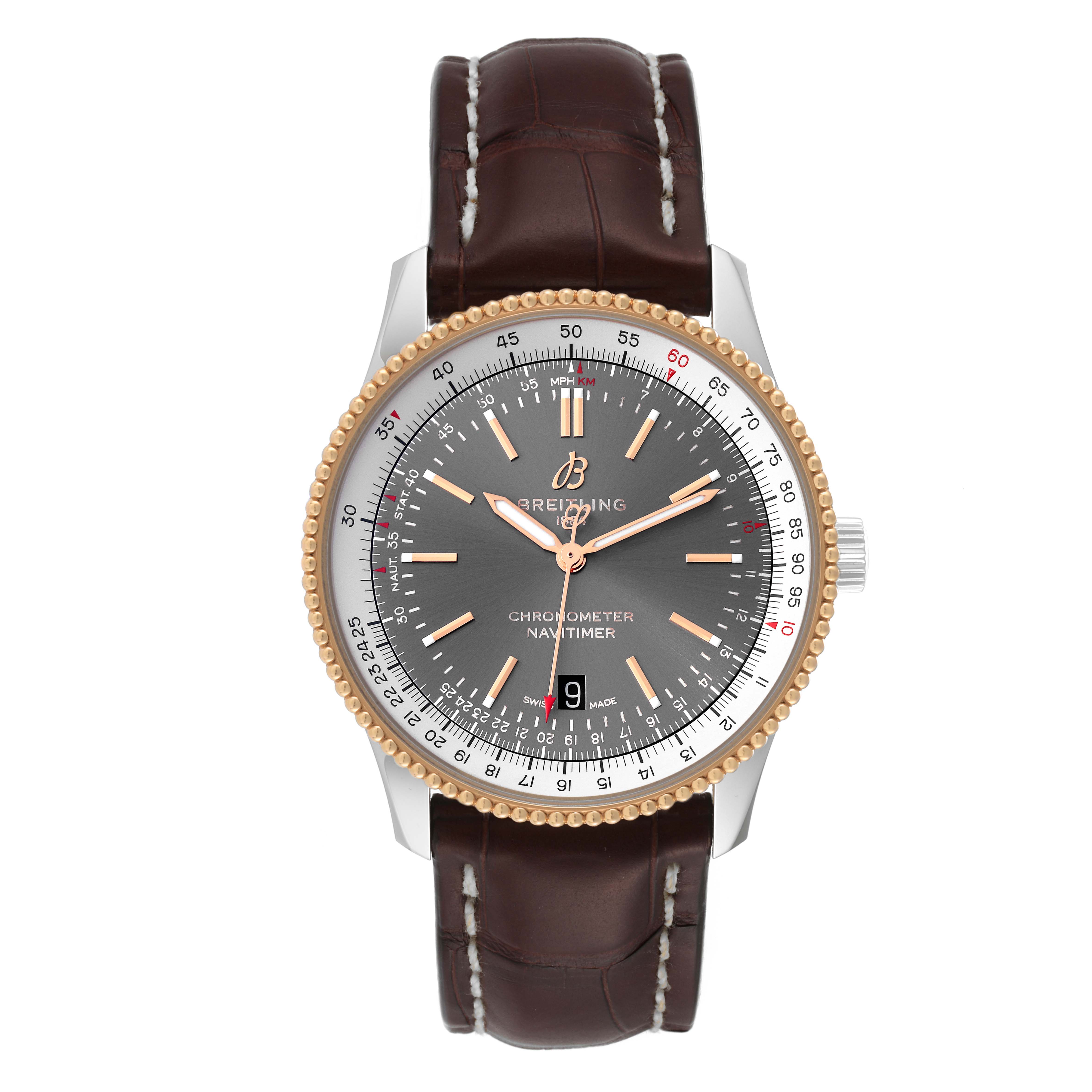This image shows a frontal view of a Breitling Navitimer U17326 Men's Steel and Gold (two tone) Grey Dial U17326 Men's Steel and Gold (two tone) Grey Dial watch with a brown leather strap and a gold bezel.