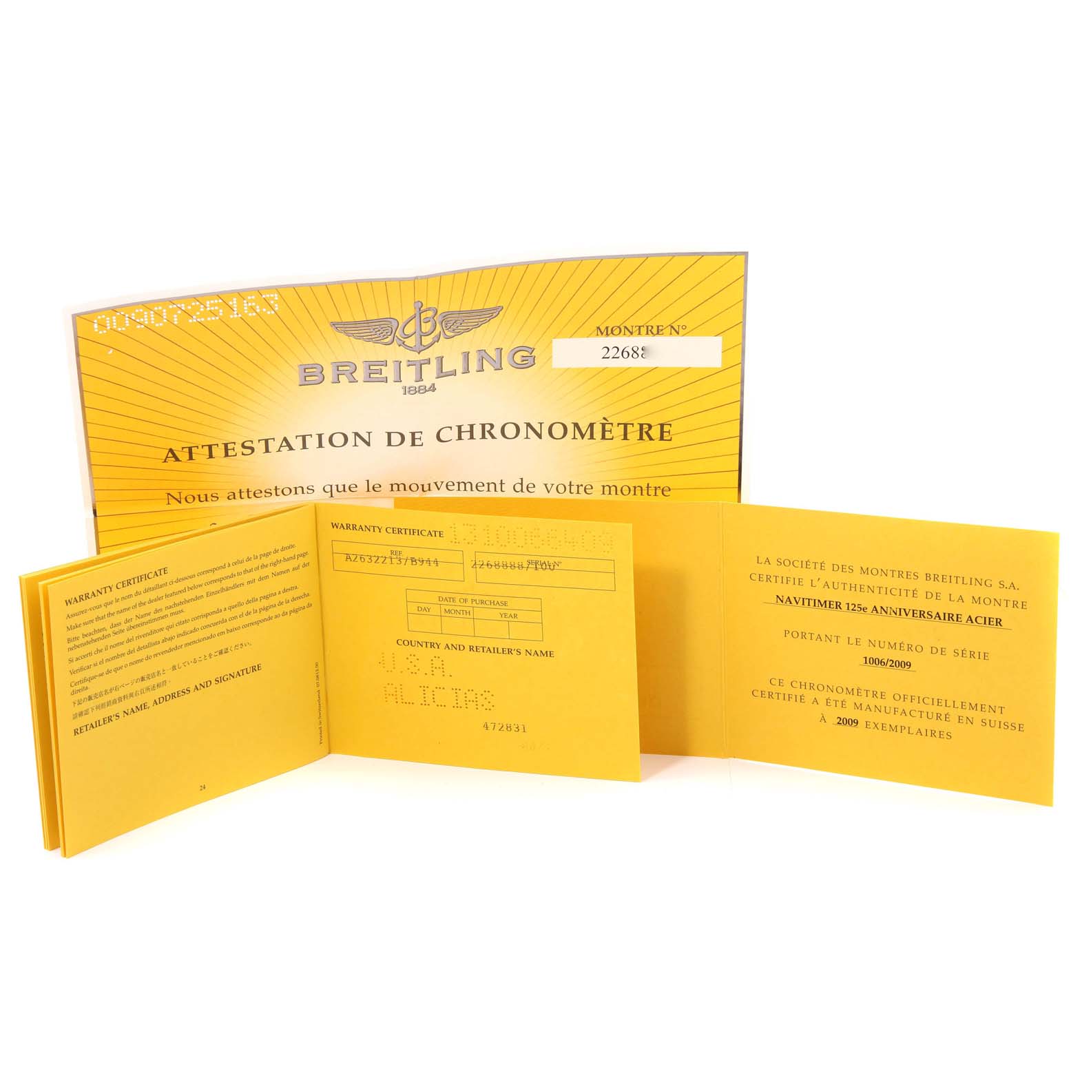 The image shows warranty certificates and authenticity documents for a Breitling Navitimer A26322 Men's Stainless Steel Black Dial A26322 Men's Stainless Steel Black Dial watch.