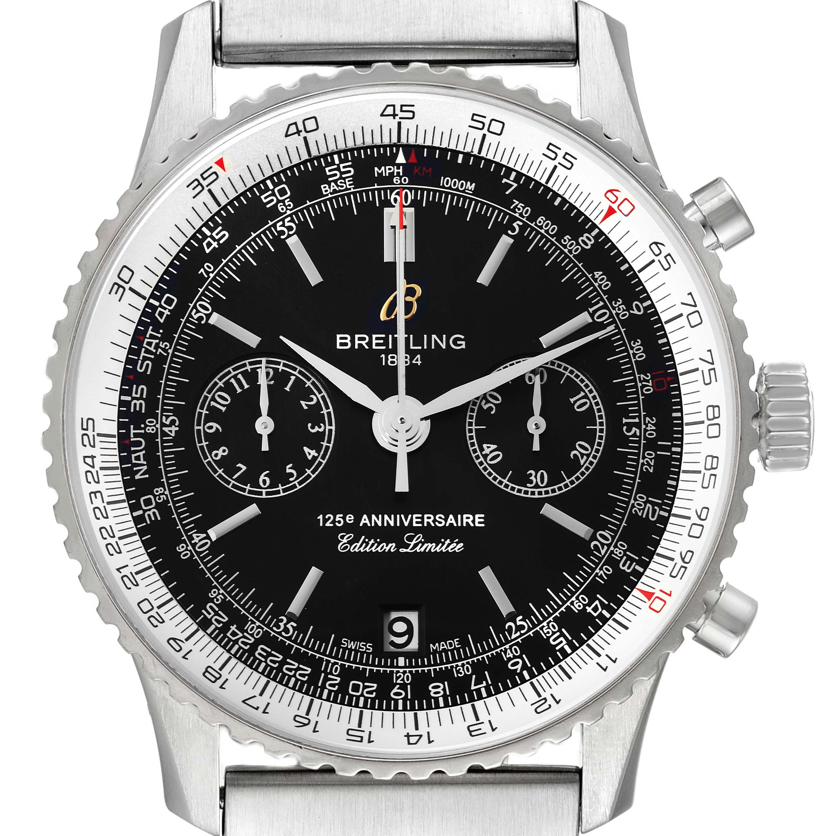 The image shows a front view of the Breitling Navitimer A26322 Men's Stainless Steel Black Dial A26322 Men's Stainless Steel Black Dial watch, highlighting its black dial, chronograph subdials, and date window.
