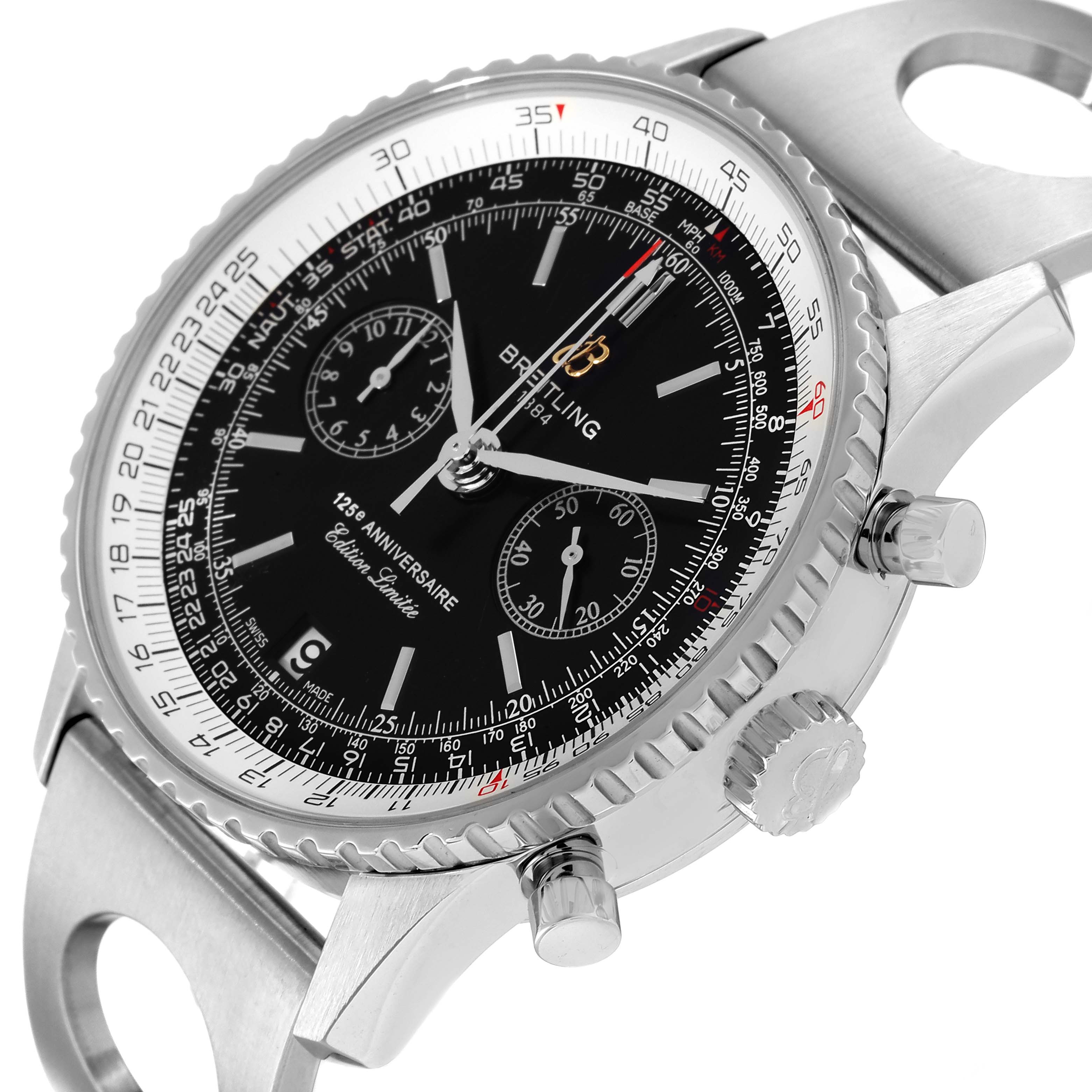 The image shows a close-up angled view of the Breitling Navitimer A26322 Men's Stainless Steel Black Dial A26322 Men's Stainless Steel Black Dial, highlighting the face, bezel, and crown.