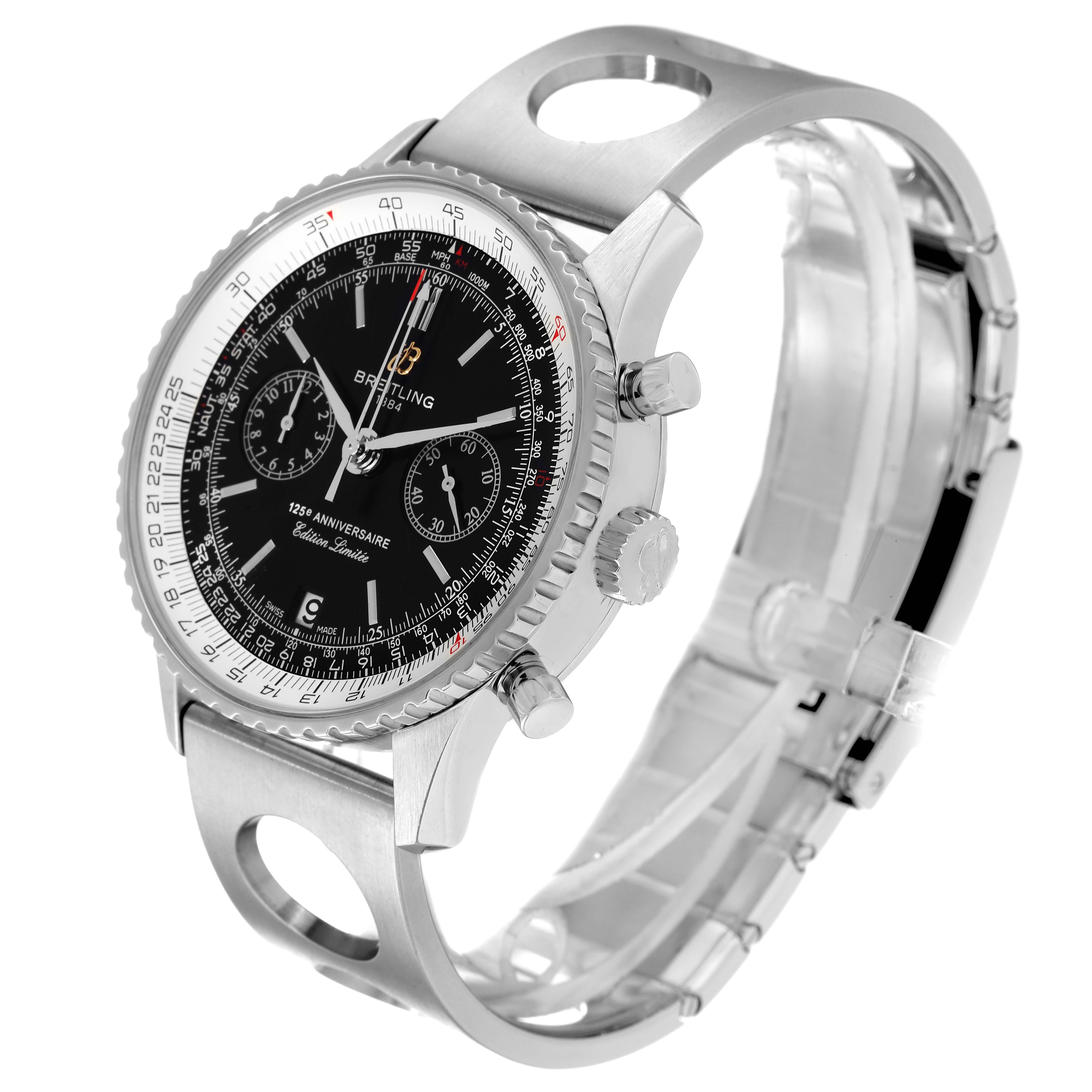 The Breitling Navitimer A26322 Men's Stainless Steel Black Dial A26322 Men's Stainless Steel Black Dial watch is shown at an angled side-front view, displaying the dial, bezel, chronograph buttons, and metal bracelet.