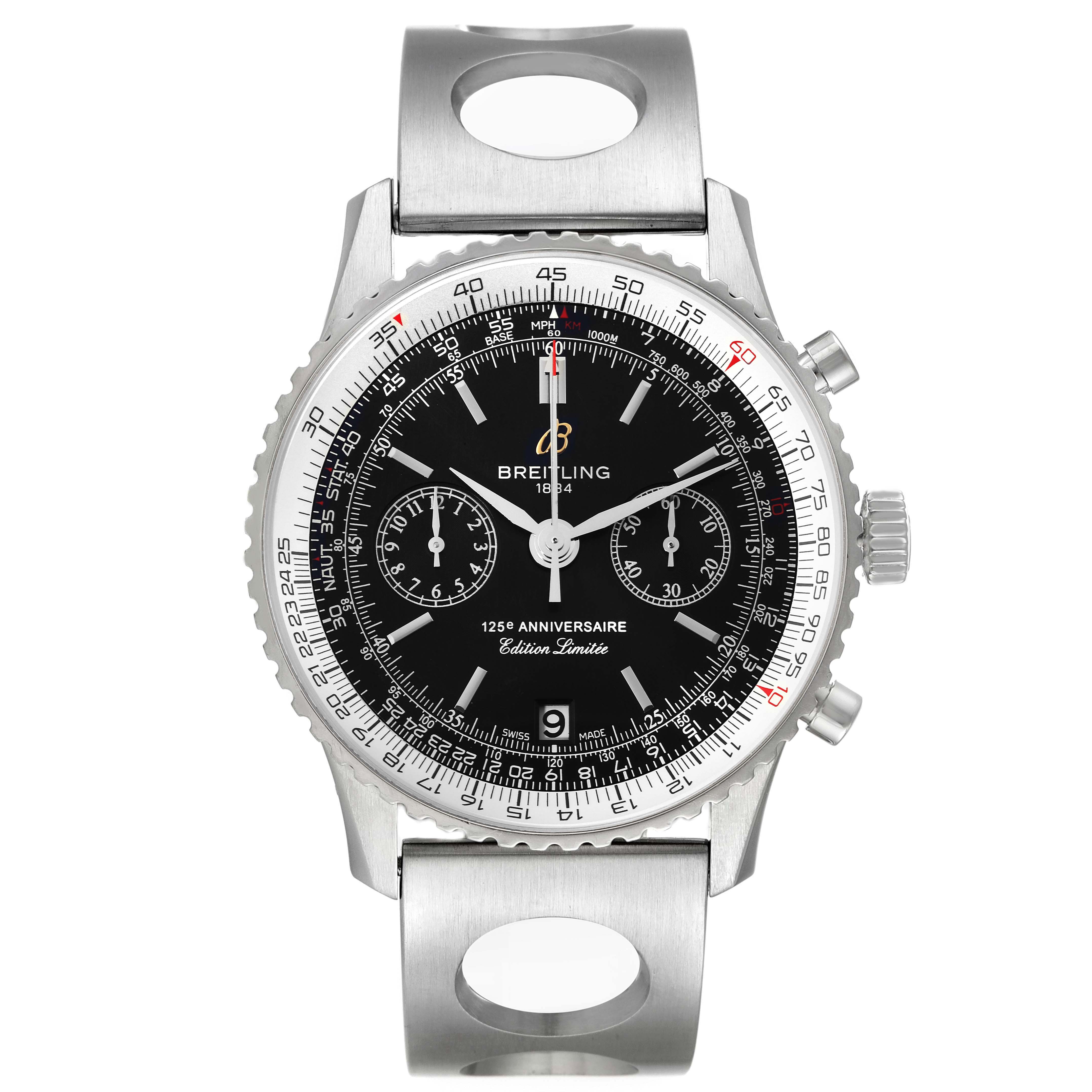 This is a front view of a Breitling Navitimer A26322 Men's Stainless Steel Black Dial A26322 Men's Stainless Steel Black Dial watch, showcasing its dial, bezel, and metallic strap with holes.