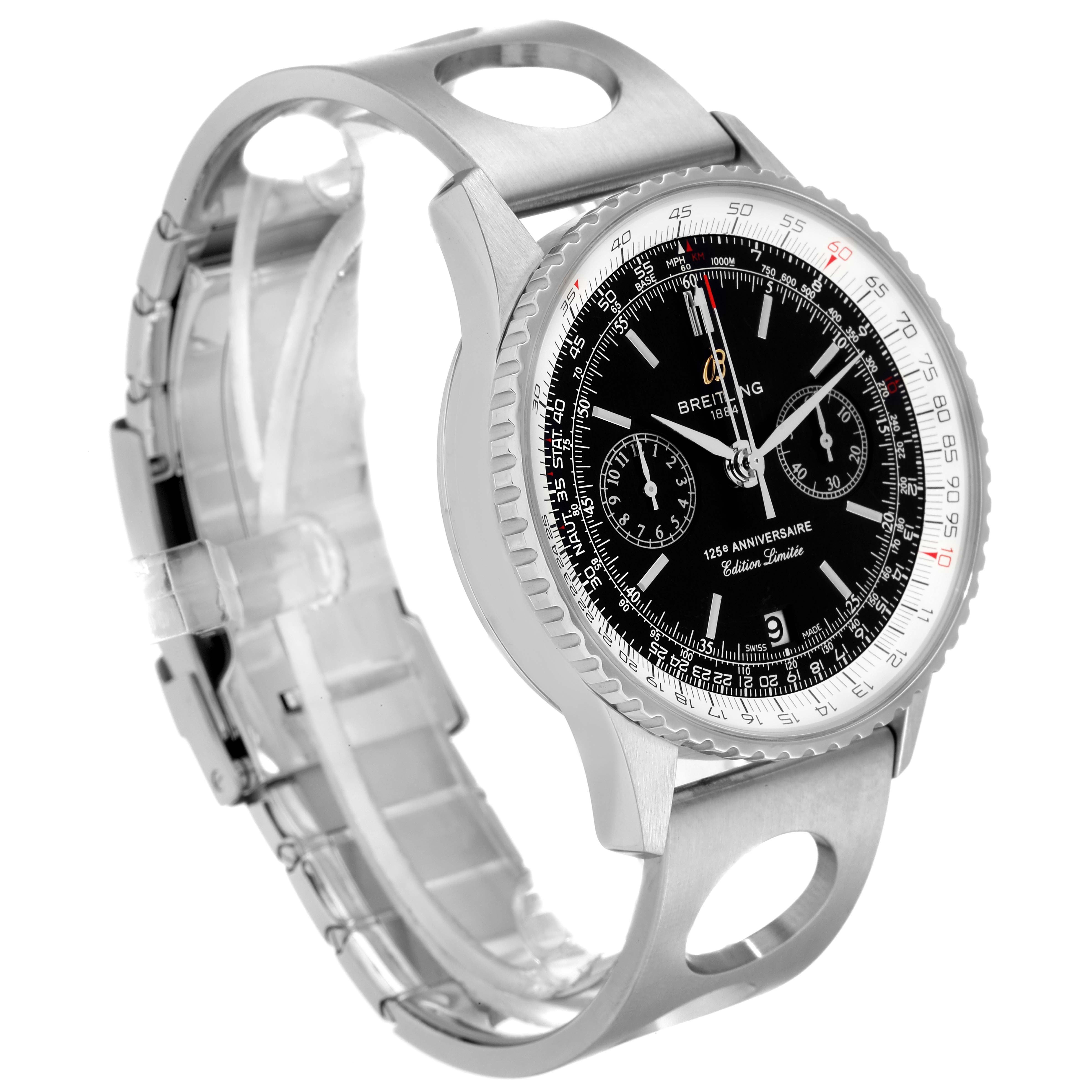 The Breitling Navitimer A26322 Men's Stainless Steel Black Dial A26322 Men's Stainless Steel Black Dial watch is shown at an angled side view, highlighting its face, bezel, and partial bracelet.