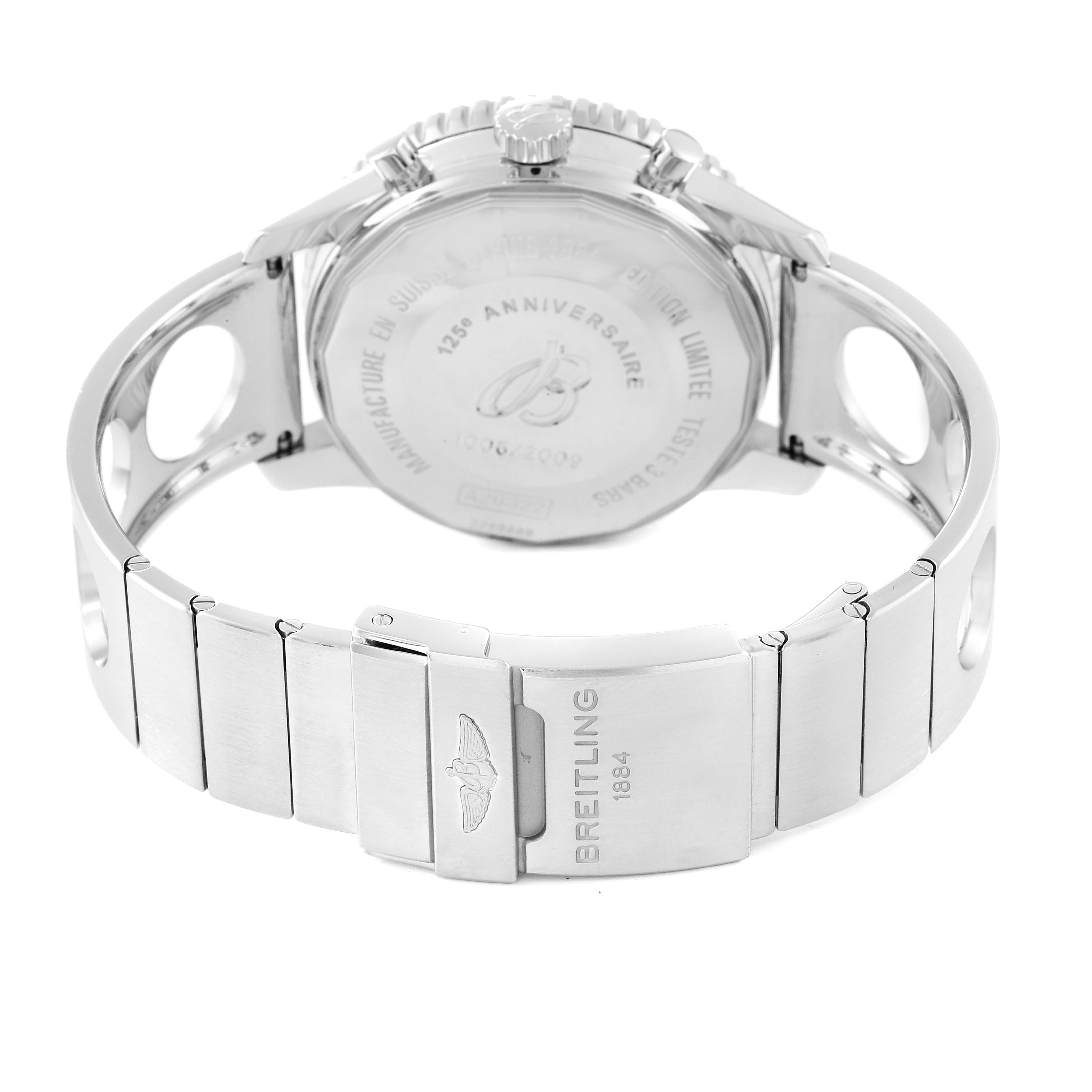 The image shows the back case and bracelet clasp of a Breitling Navitimer A26322 Men's Stainless Steel Black Dial A26322 Men's Stainless Steel Black Dial watch, highlighting its engravings and polished finish.