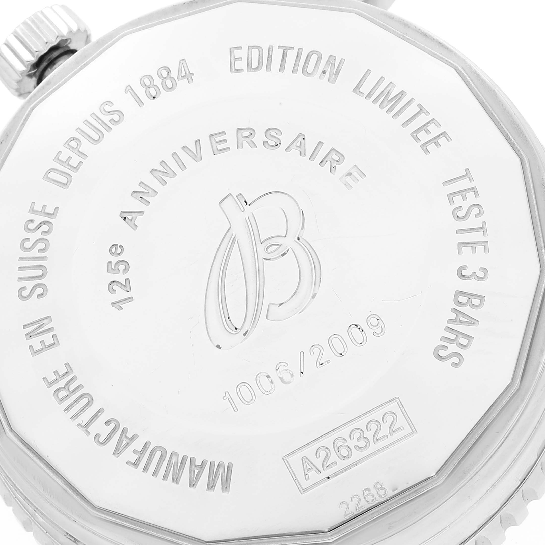 The image shows the back case of a Breitling Navitimer A26322 Men's Stainless Steel Black Dial A26322 Men's Stainless Steel Black Dial watch, including the limited edition engravings and serial number.