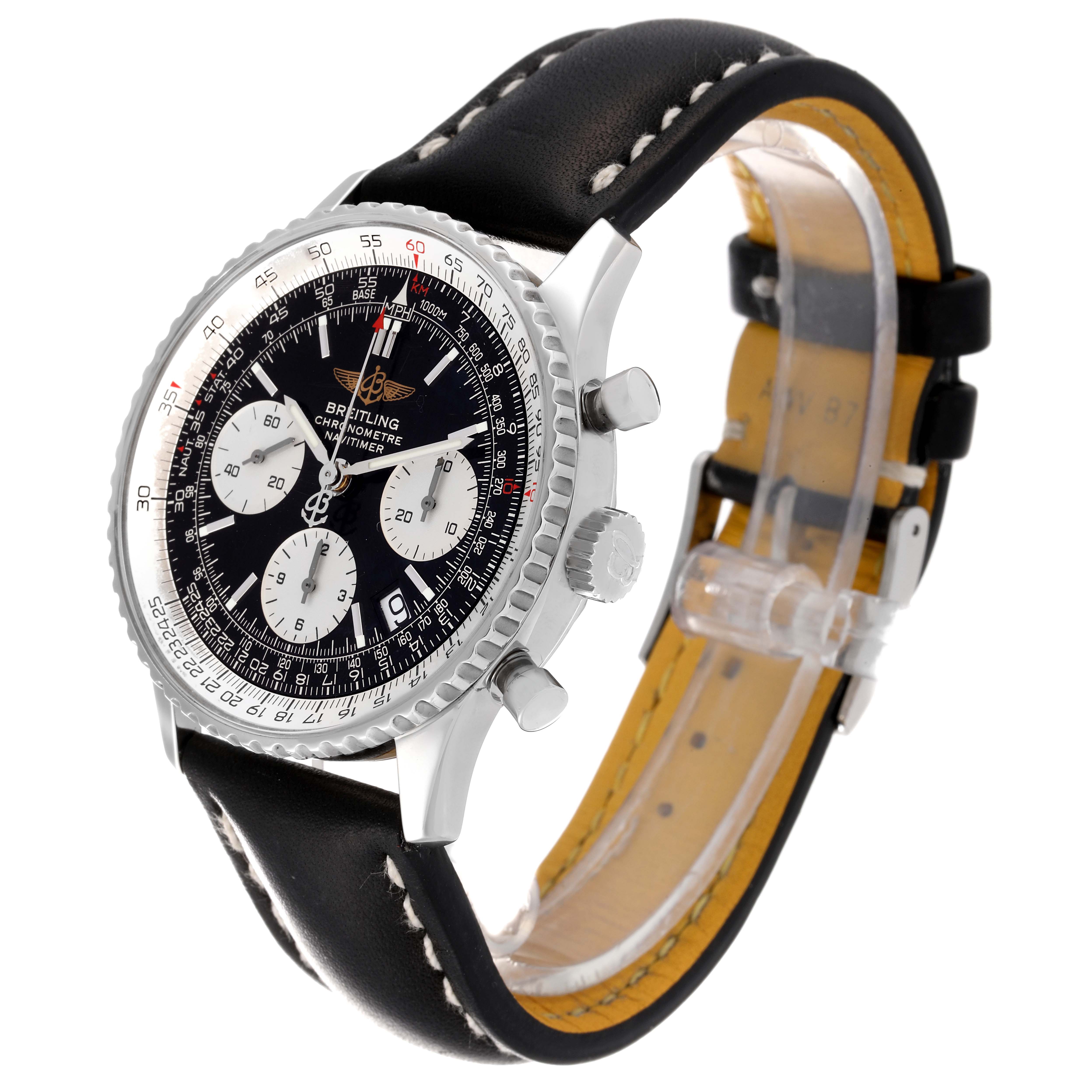 The image shows a Breitling Navitimer A23322 Men's Stainless Steel Black Dial A23322 Men's Stainless Steel Black Dial watch at a slight angle, displaying the face, bezel, crown, and leather strap.