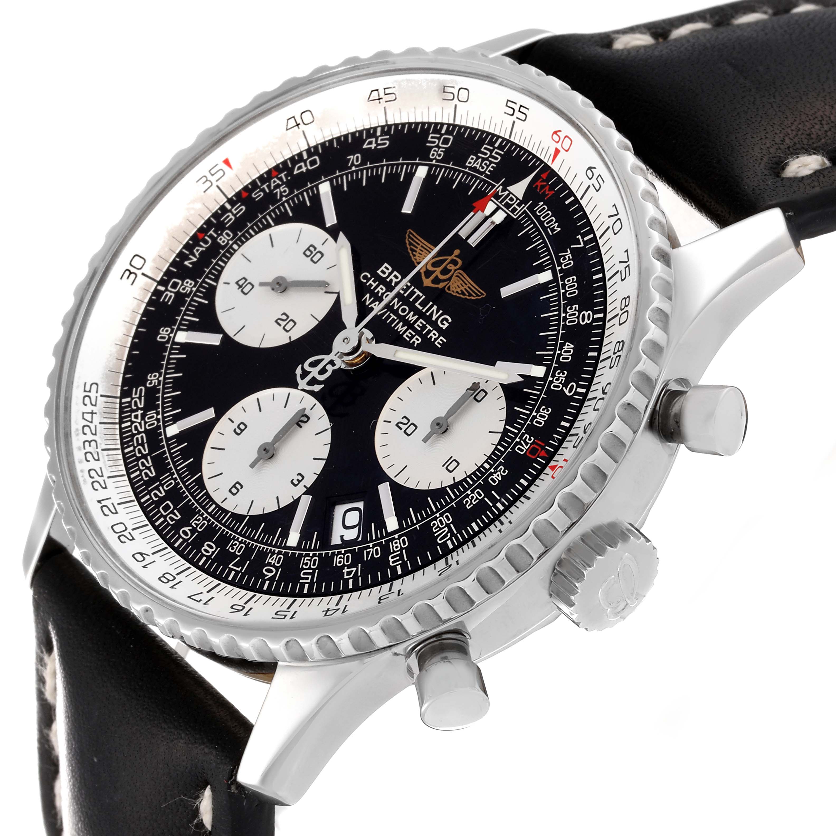 The image shows a Breitling Navitimer A23322 Men's Stainless Steel Black Dial A23322 Men's Stainless Steel Black Dial watch angled to display the face, bezel, crown, pushers, and part of the leather strap.