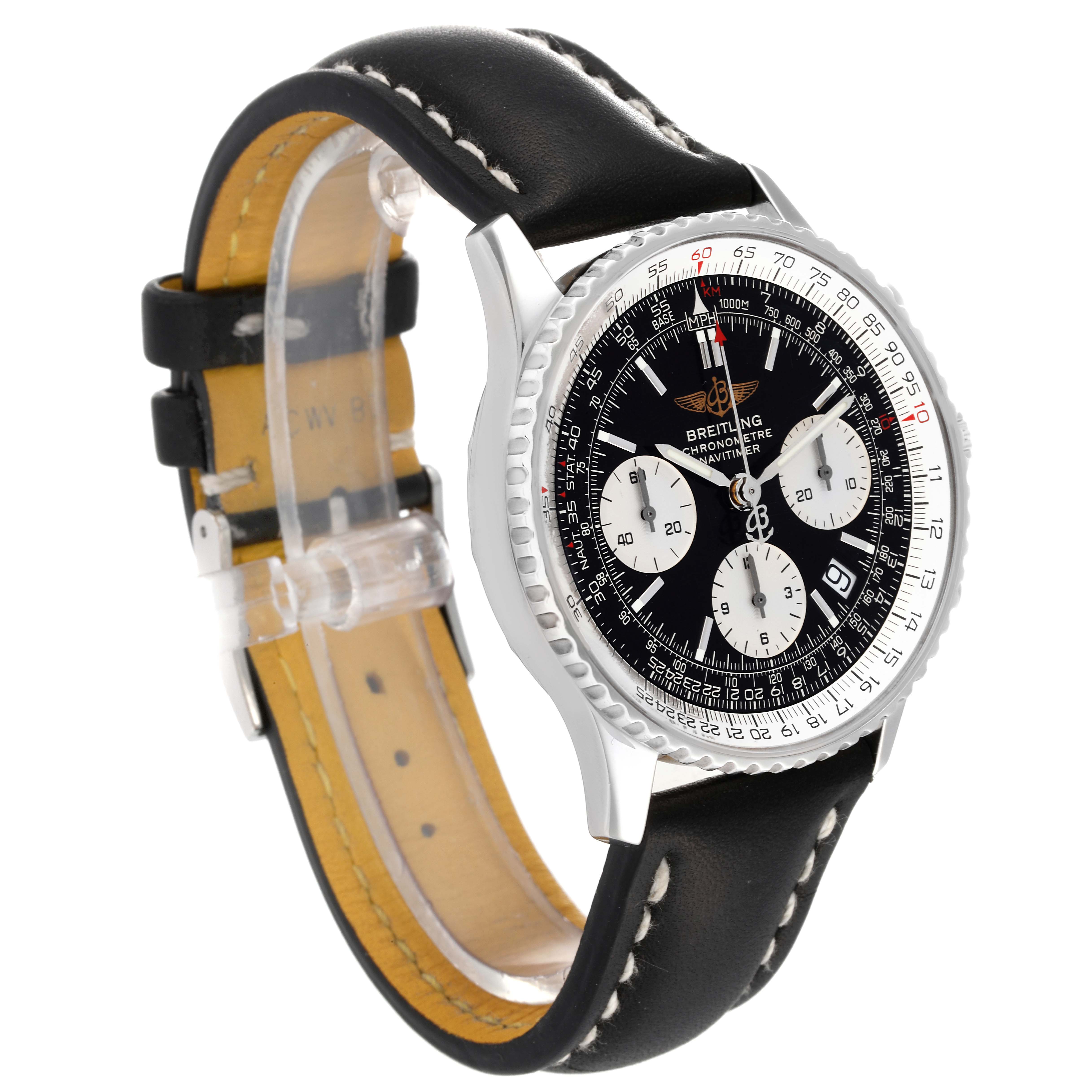 The image shows a Breitling Navitimer A23322 Men's Stainless Steel Black Dial A23322 Men's Stainless Steel Black Dial watch at a three-quarter angle, highlighting the face, case, and leather strap.