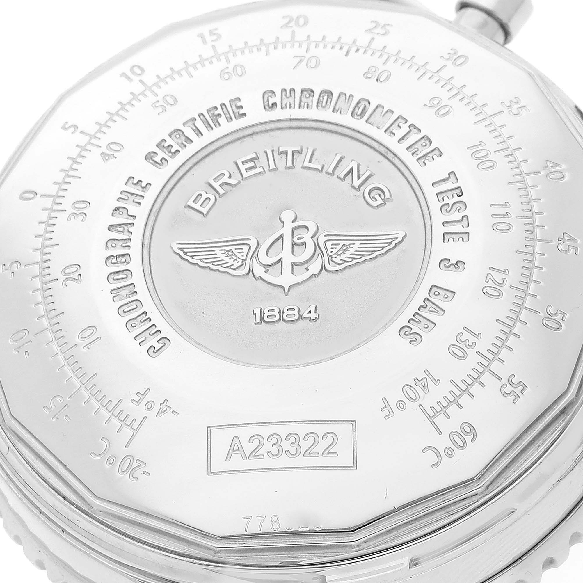 This is a close-up of the back of a Breitling Navitimer A23322 Men's Stainless Steel Black Dial A23322 Men's Stainless Steel Black Dial watch, showcasing the chronometer certification and model number A23322.