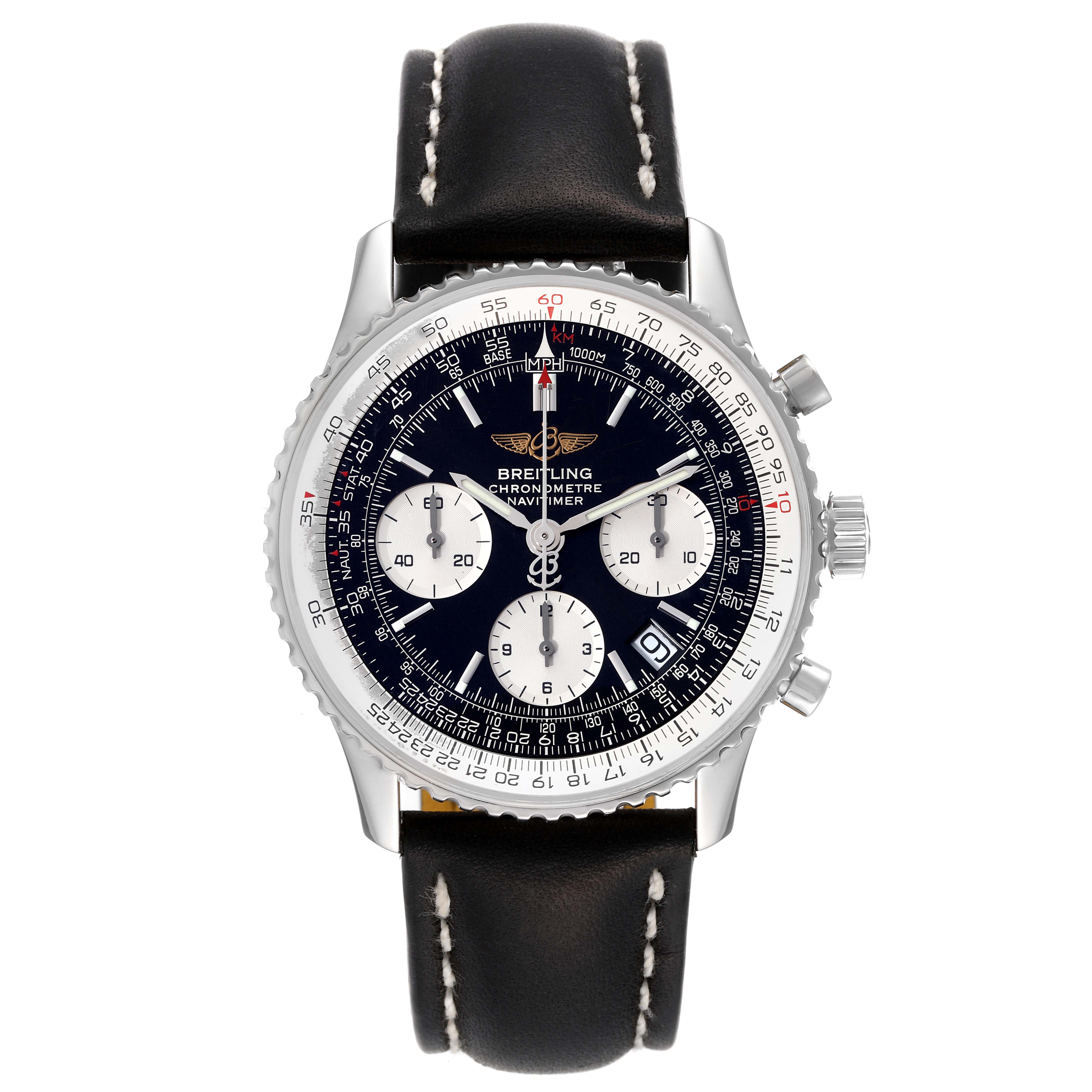 The image shows a frontal view of a Breitling Navitimer A23322 Men's Stainless Steel Black Dial A23322 Men's Stainless Steel Black Dial watch with a black leather strap and a detailed, multi-dial face.