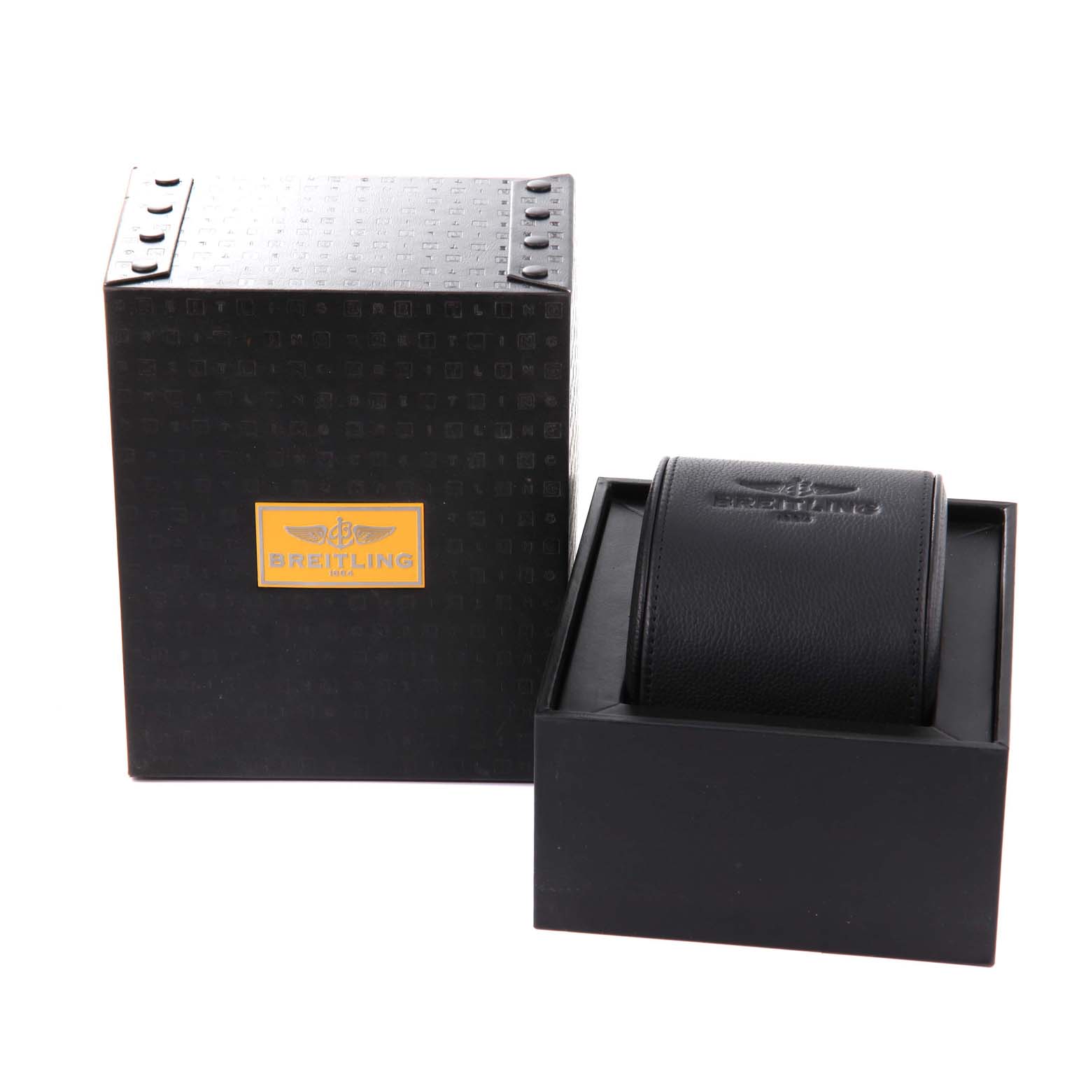 The image shows the packaging for a Breitling Navitimer A23322 Men's Stainless Steel Black Dial A23322 Men's Stainless Steel Black Dial, including the outer box and a separate leather watch case.