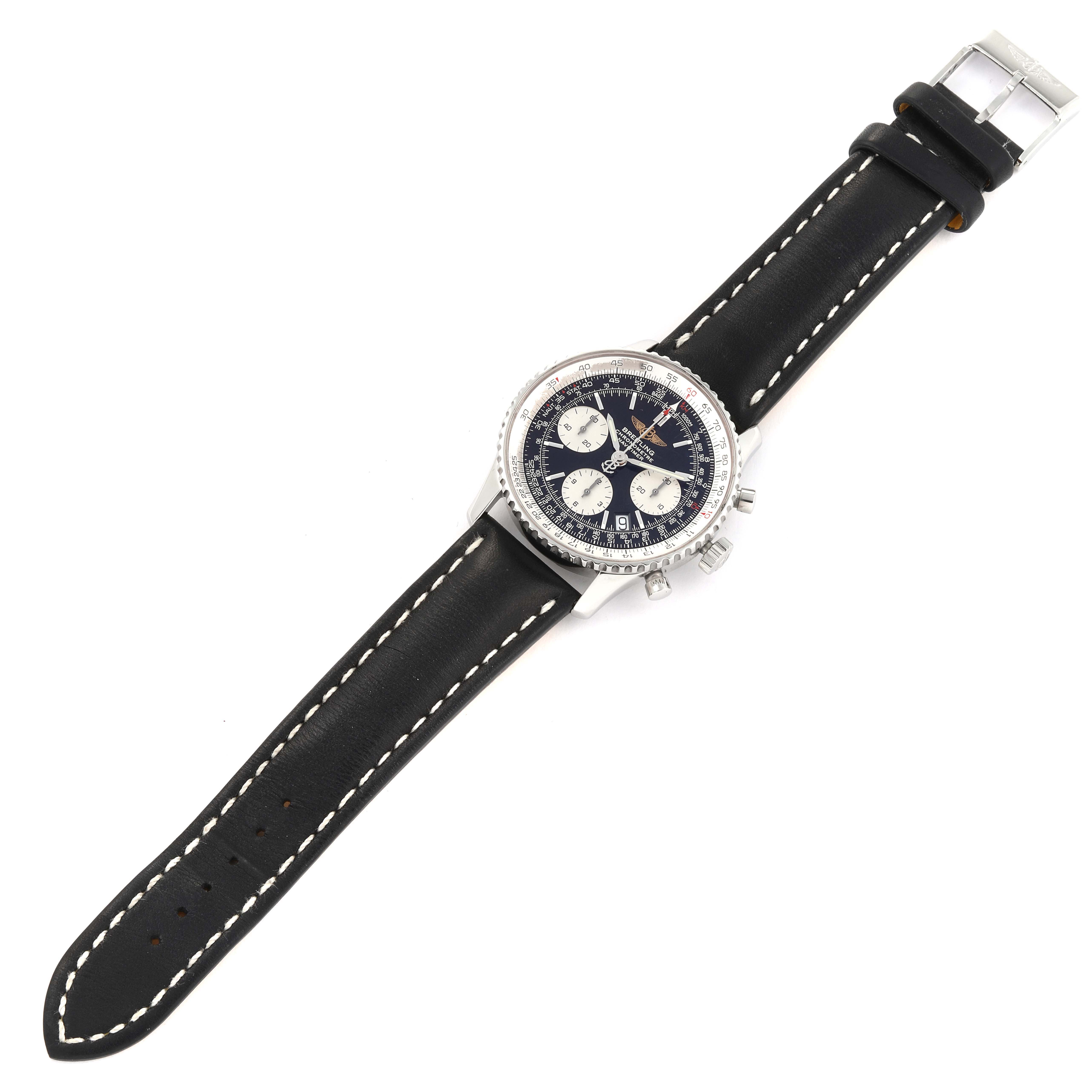 The Breitling Navitimer A23322 Men's Stainless Steel Black Dial A23322 Men's Stainless Steel Black Dial watch is shown from an overhead angle, highlighting its black leather strap, dial, and bezel.