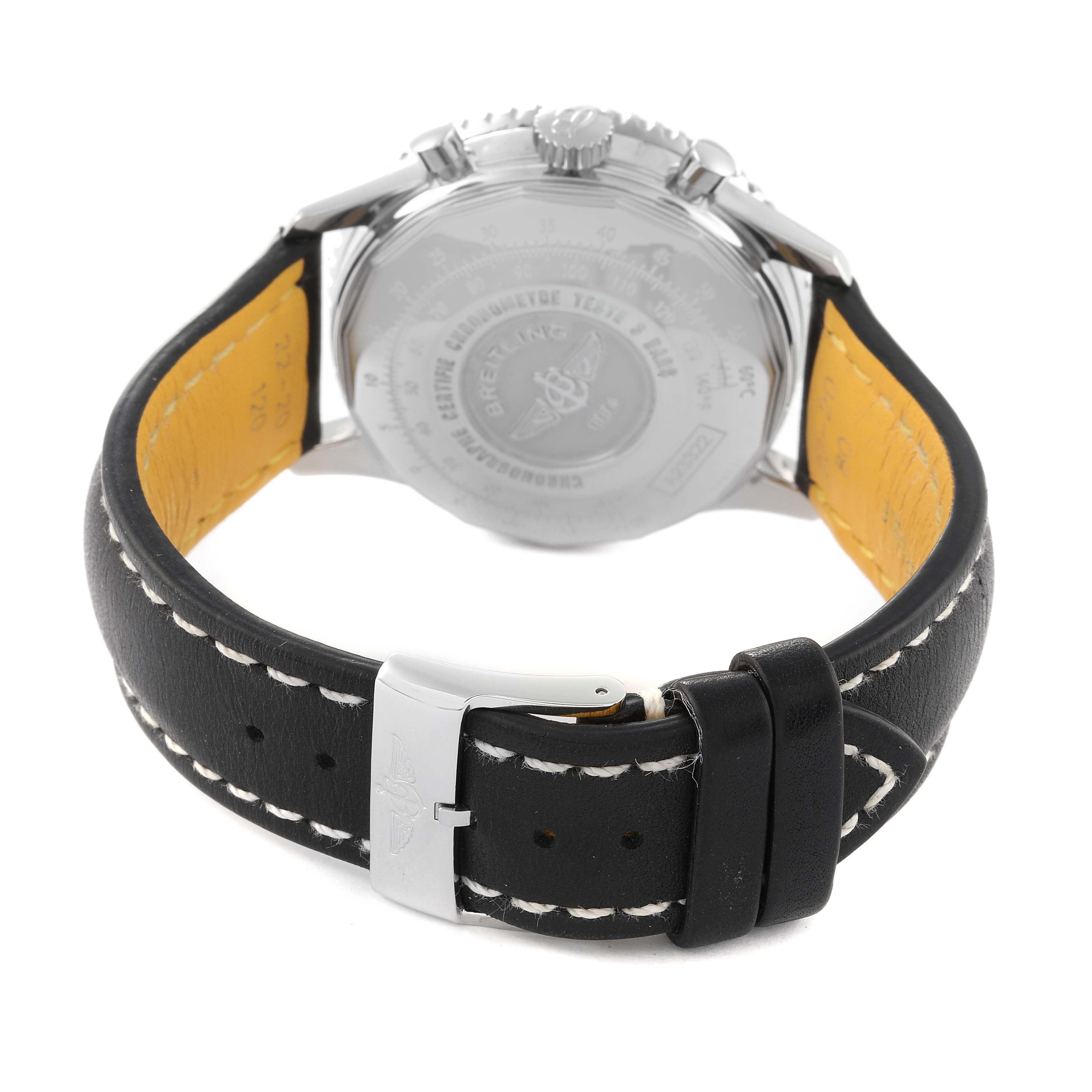 The image shows the back view of a Breitling Navitimer A23322 Men's Stainless Steel Black Dial A23322 Men's Stainless Steel Black Dial watch, highlighting the case back, leather strap, and buckle.